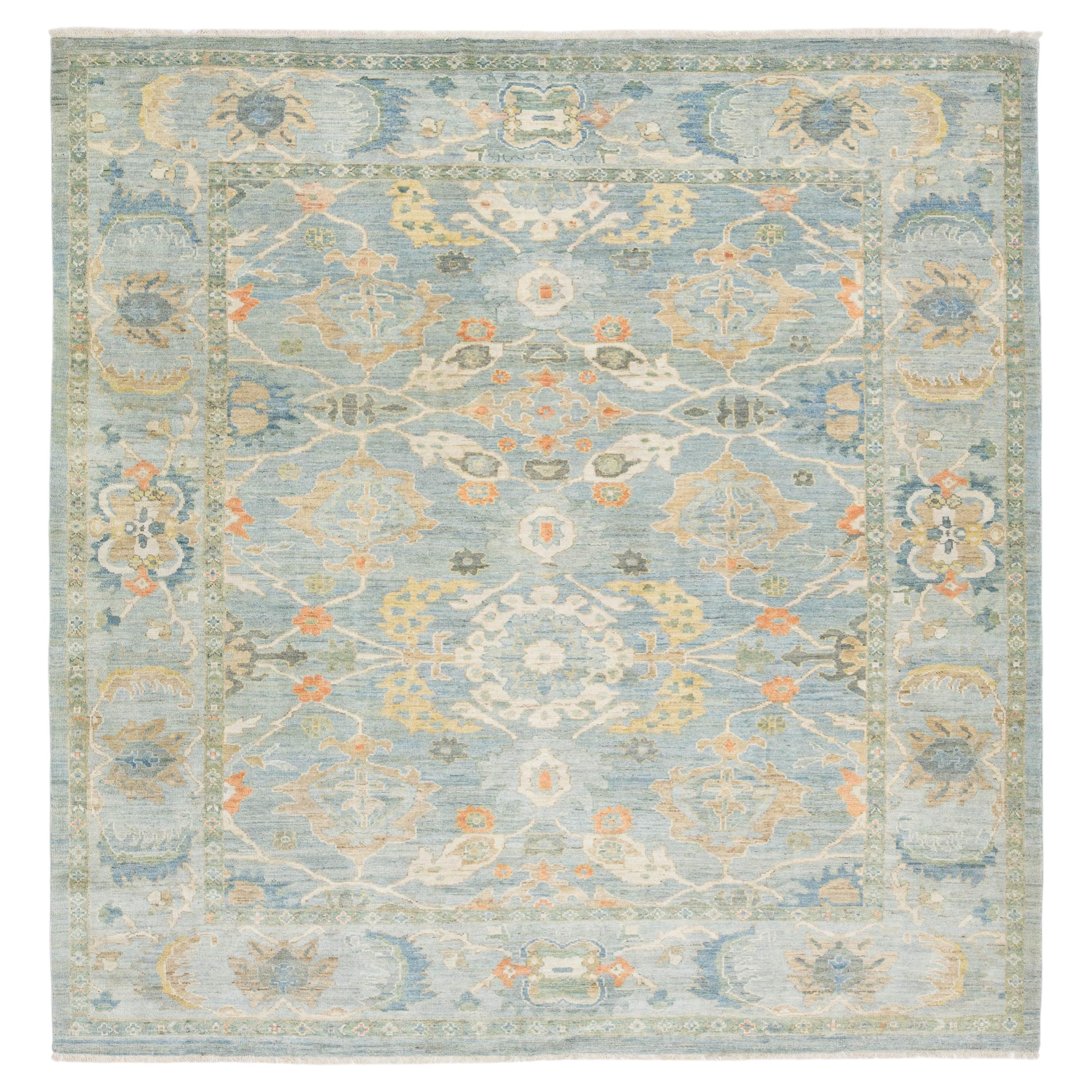 Modern Sultanabad Square Wool Rug - Light Blue & Terracotta Hand-Knotted