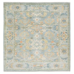Modern Sultanabad Square Wool Rug - Light Blue & Terracotta Hand-Knotted