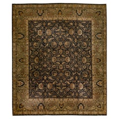 Tappeto moderno in lana nera e verde in stile Sultanabad con motivo floreale alllover