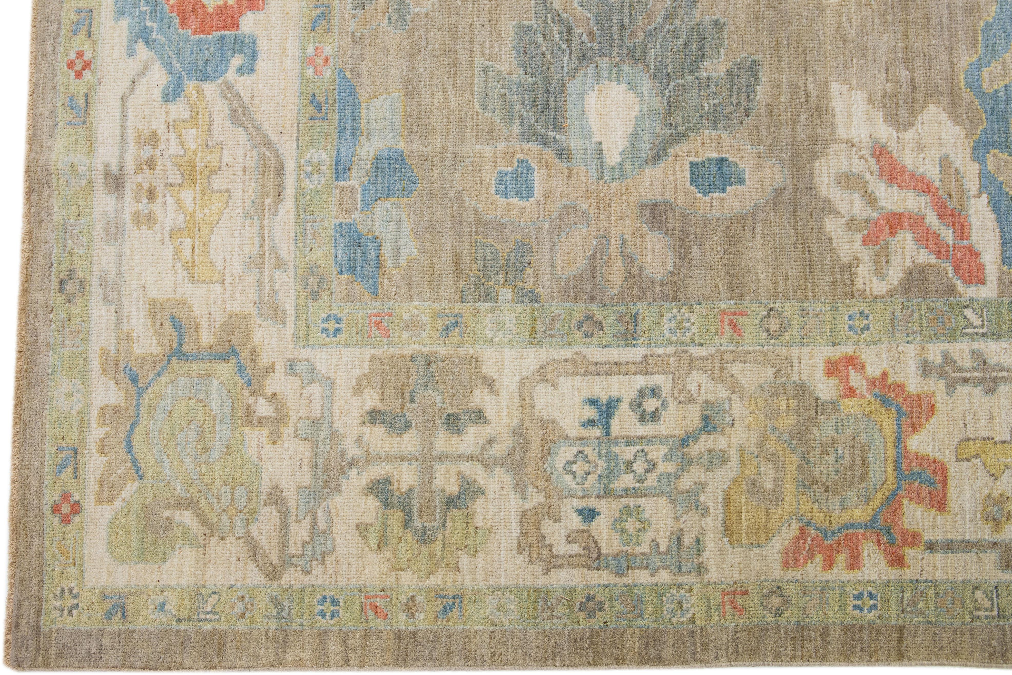 Hand-Knotted Modern Sultanabad Tan Wool Rug with Floral Design For Sale