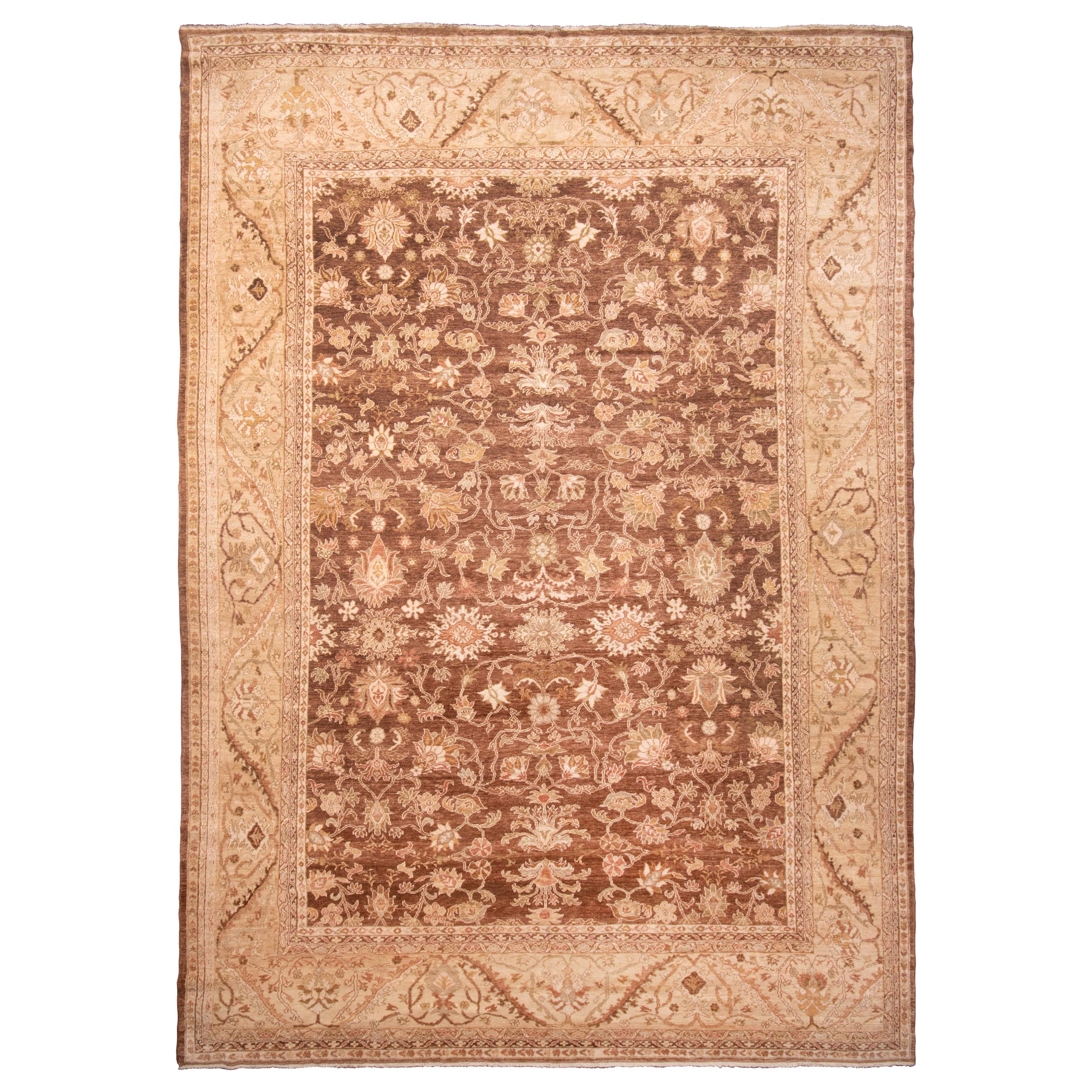 Modern Sultanabad Traditional Beige and Eggplant Persian Rug with Mahal Wool