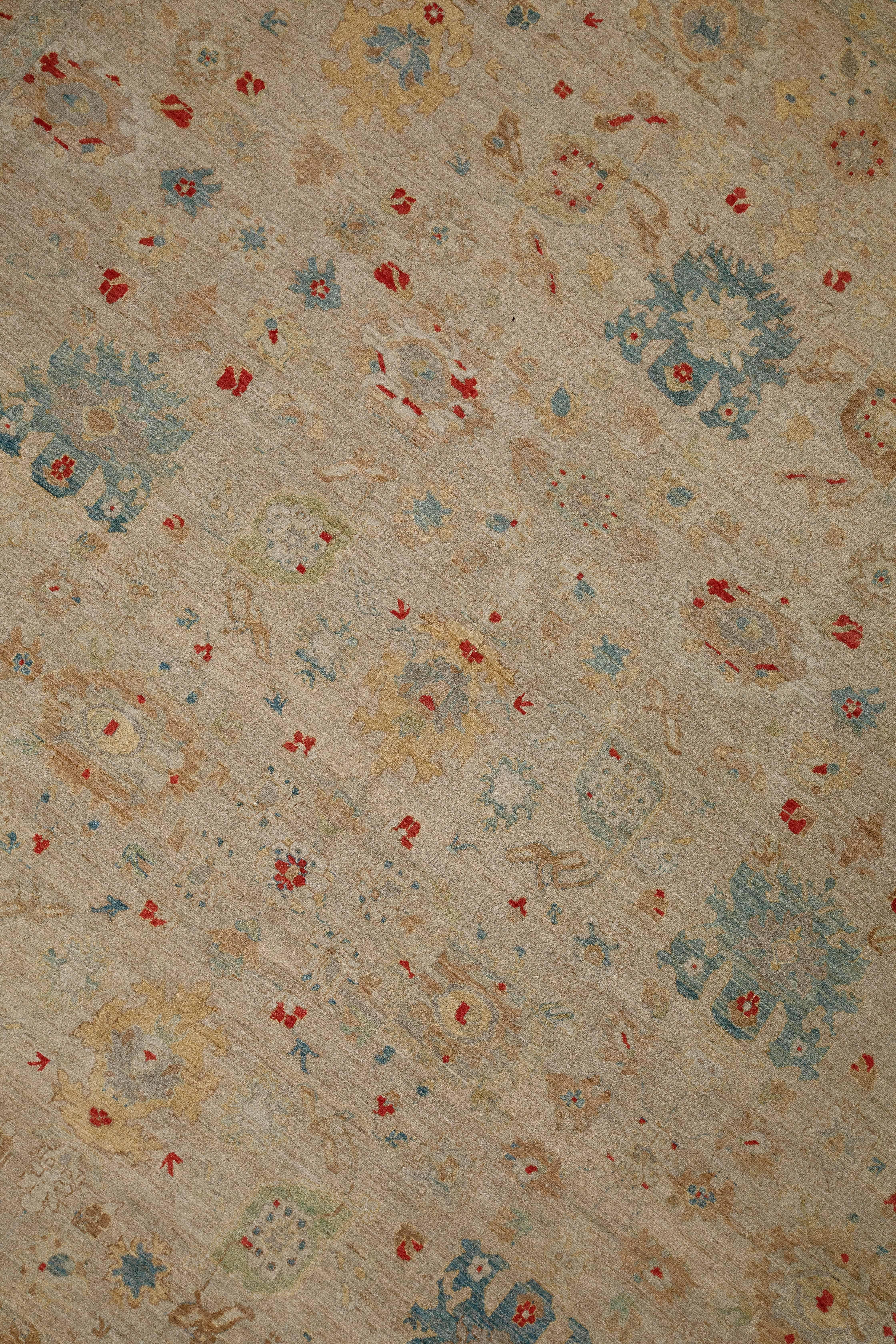 Sultanabad Style Turkish Rug with Beige Field and Multicolored Flower Patterns For Sale 3