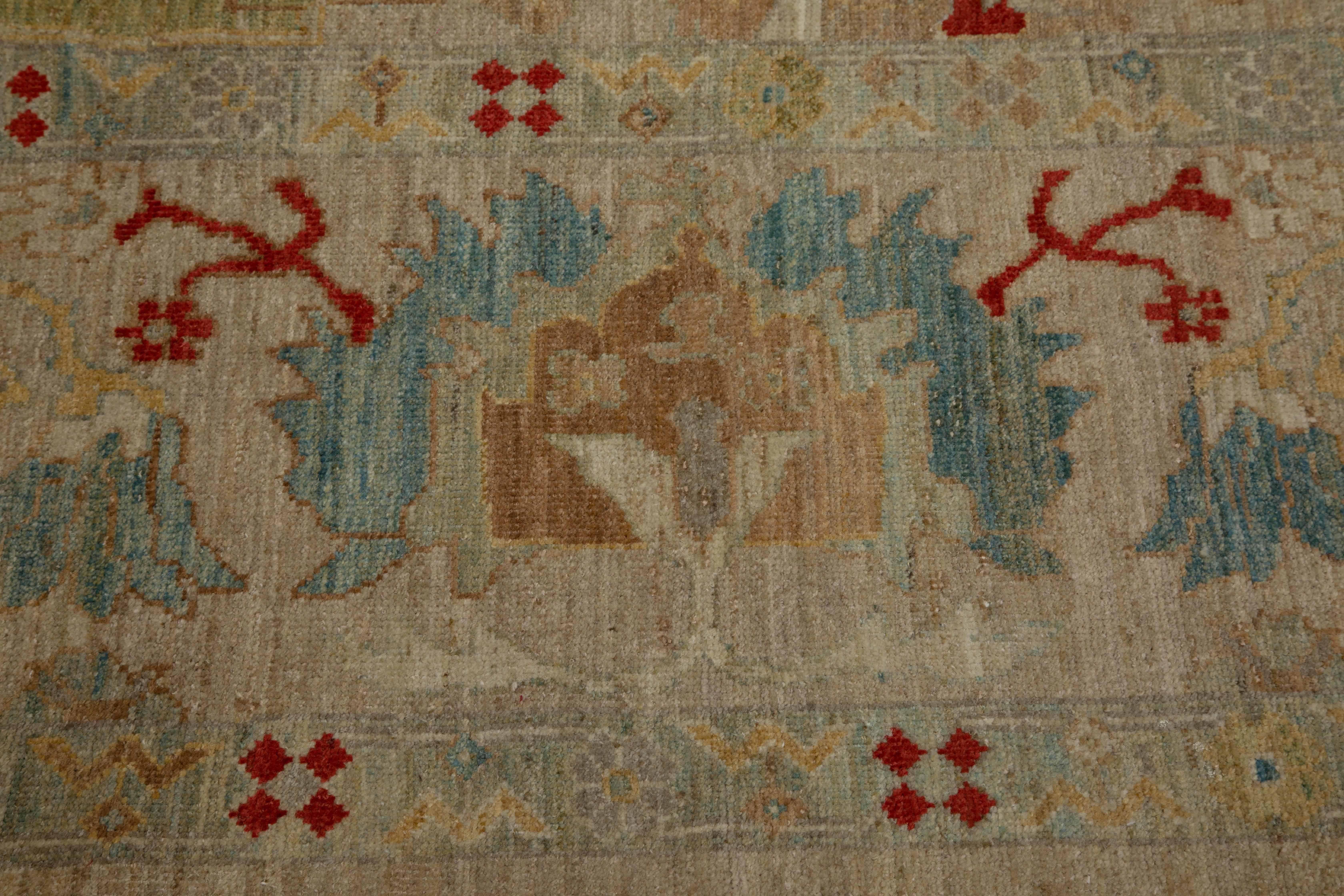 Handmade Turkish area rug from high quality sheep’s wool and colored with eco-friendly vegetable dyes that are proven safe for humans and pets alike. It’s a Classic Sultanabad design showcasing lovely beige field with an assorted mix of colorful