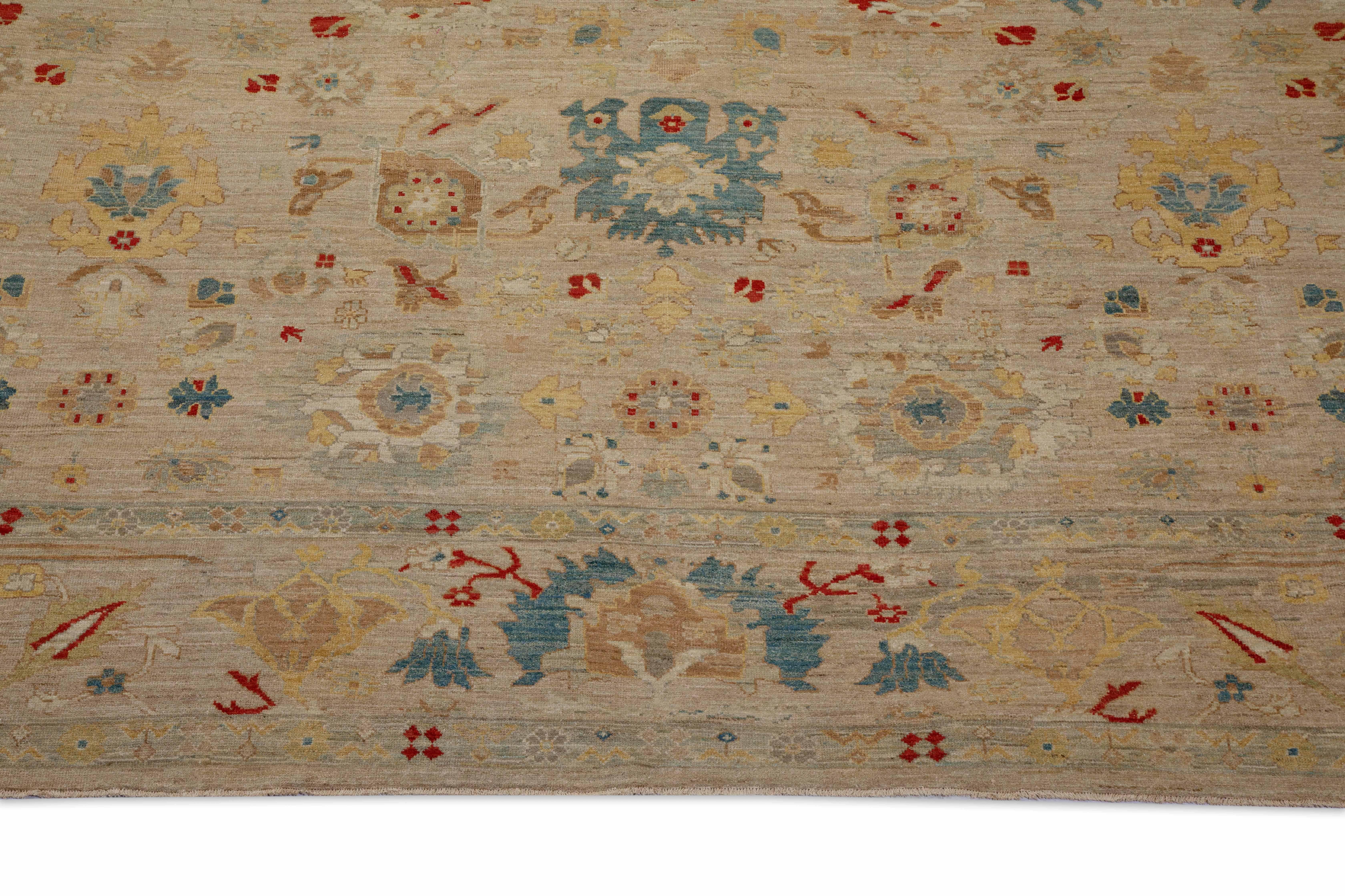 20th Century Sultanabad Style Turkish Rug with Beige Field and Multicolored Flower Patterns For Sale