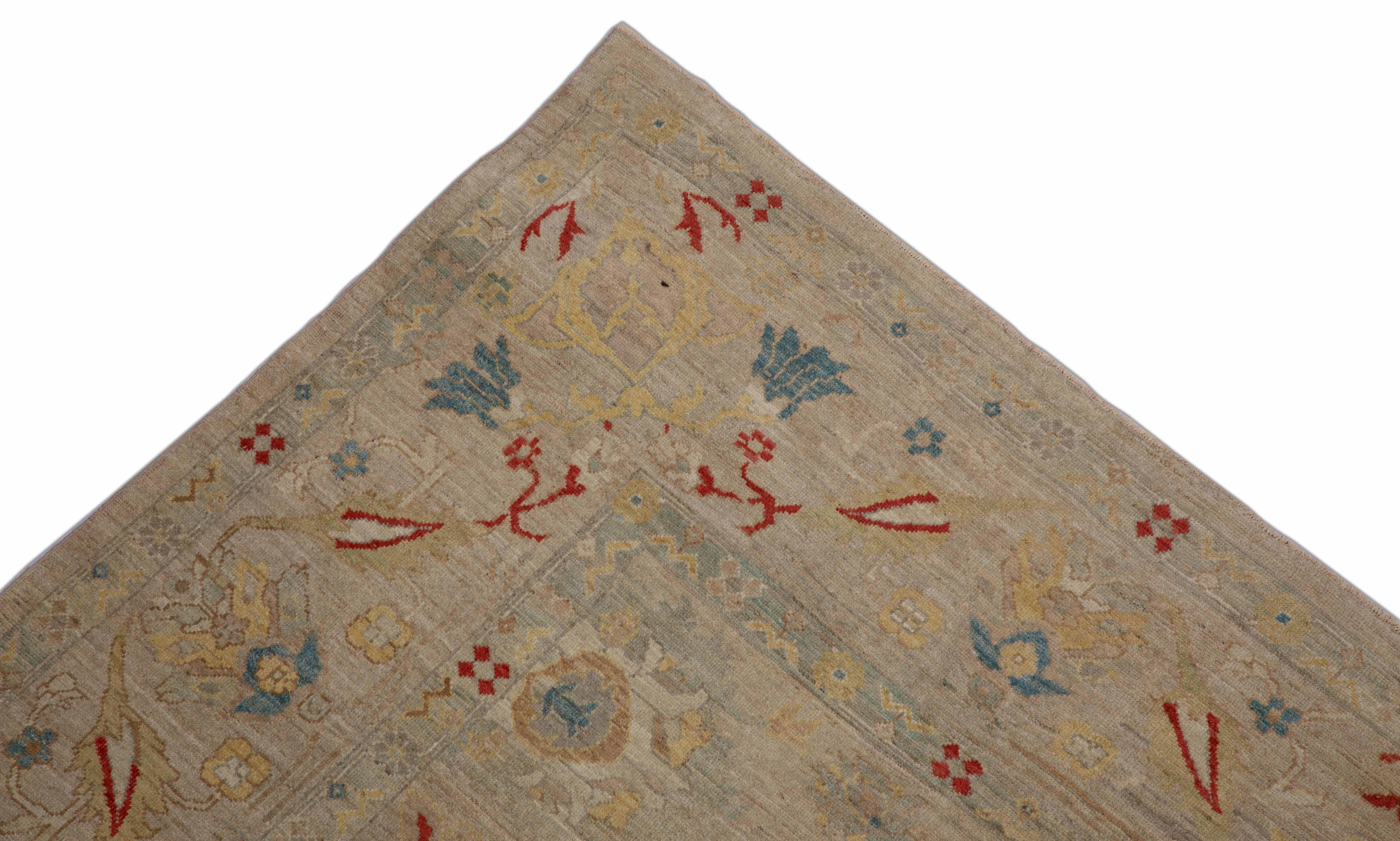 Wool Sultanabad Style Turkish Rug with Beige Field and Multicolored Flower Patterns For Sale