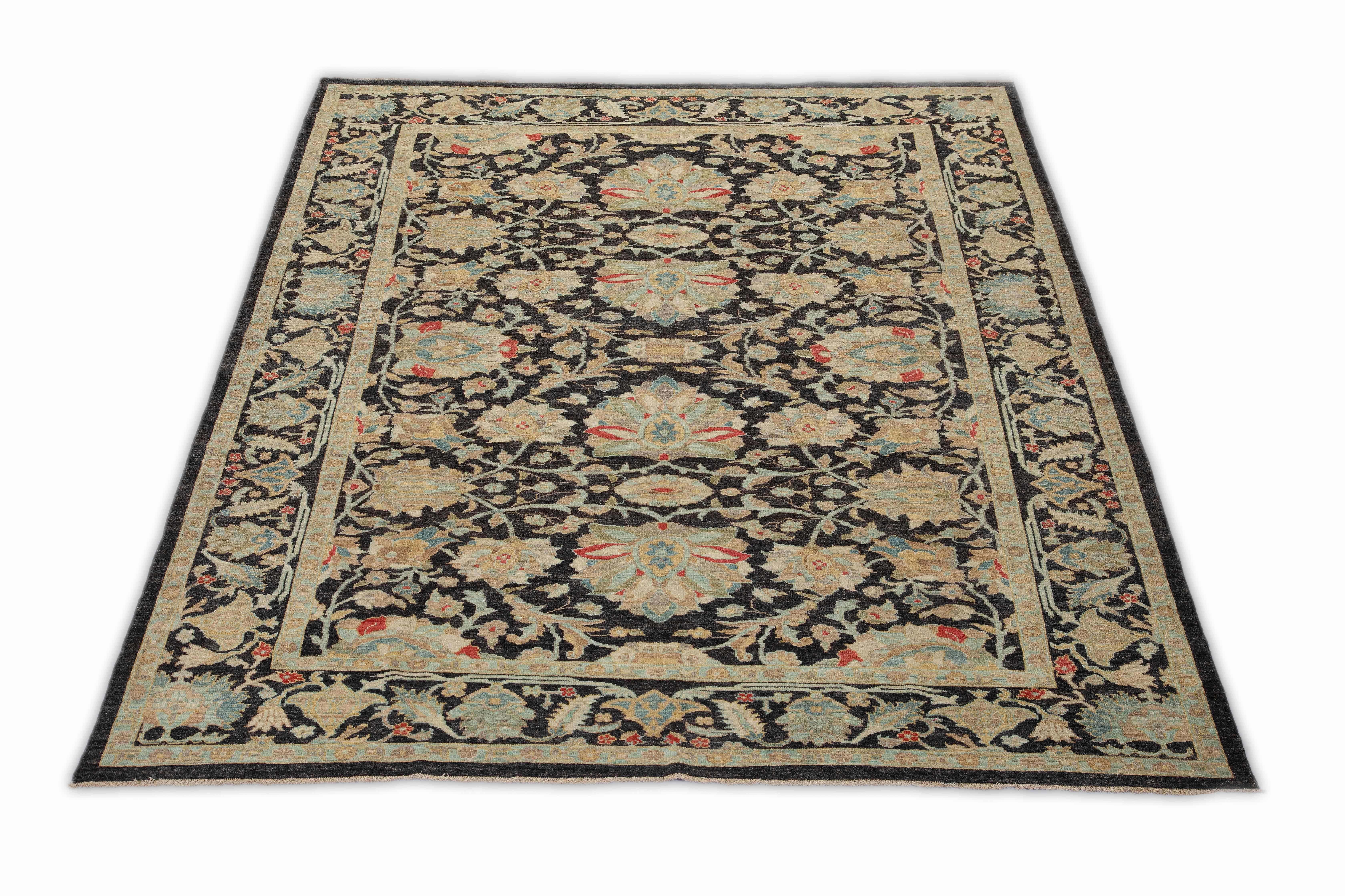 Hand-Woven Modern Sultanabad Turkish Rug with Black Field and Floral Details in Red and Blu For Sale