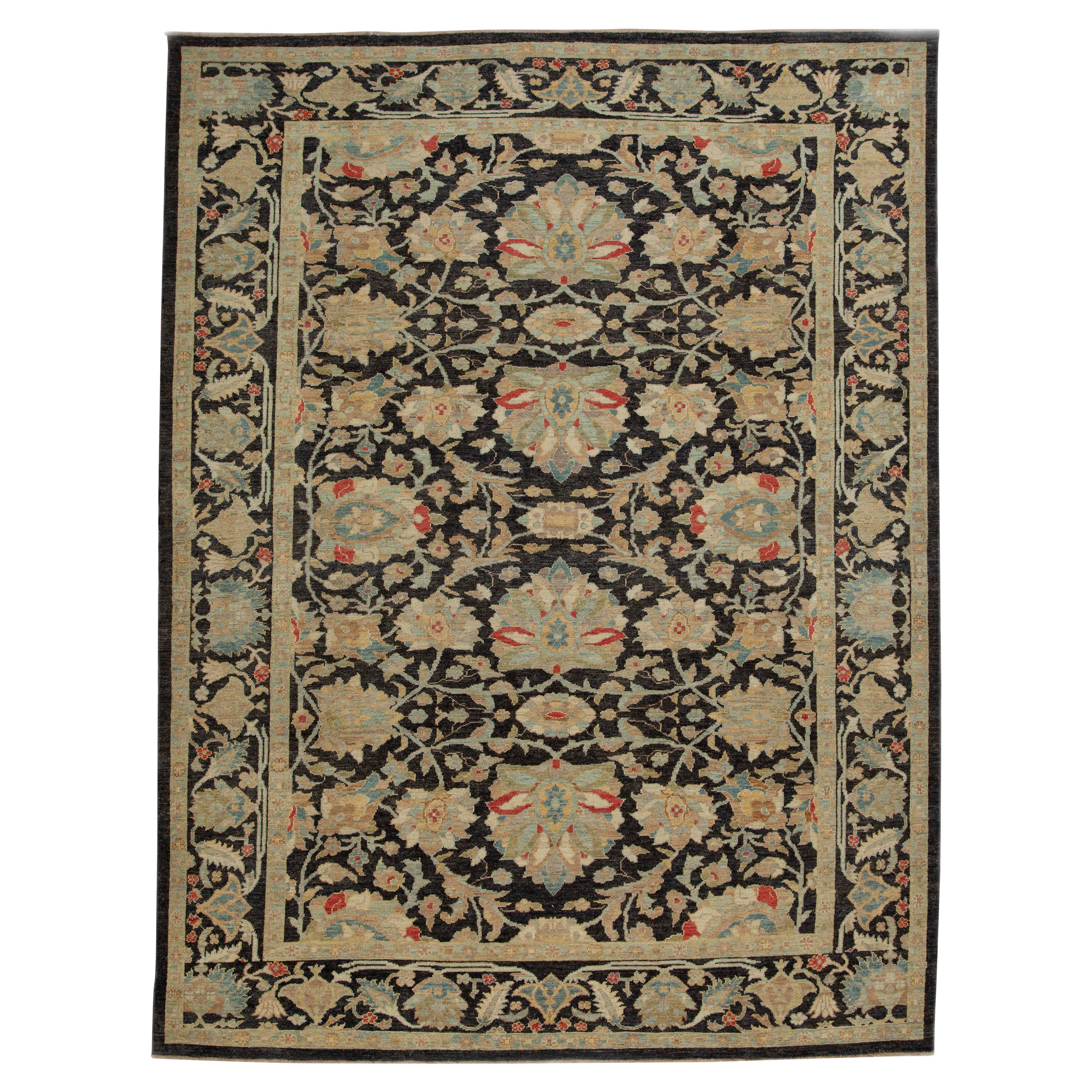 Modern Sultanabad Turkish Rug with Black Field and Floral Details in Red and Blu For Sale