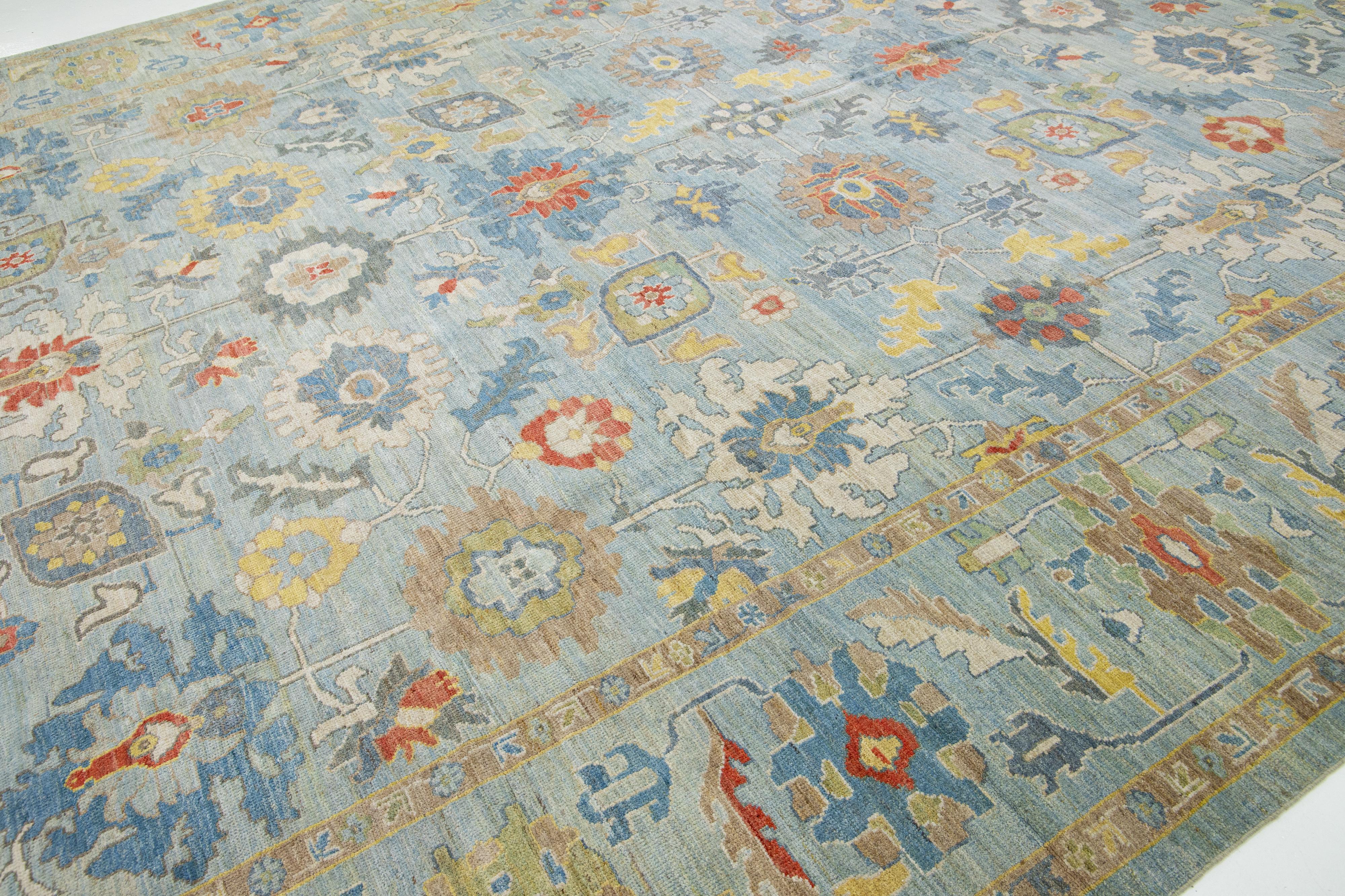 Modern Sultanabad Wool Rug Blue Handmade Floral Motif For Sale 4