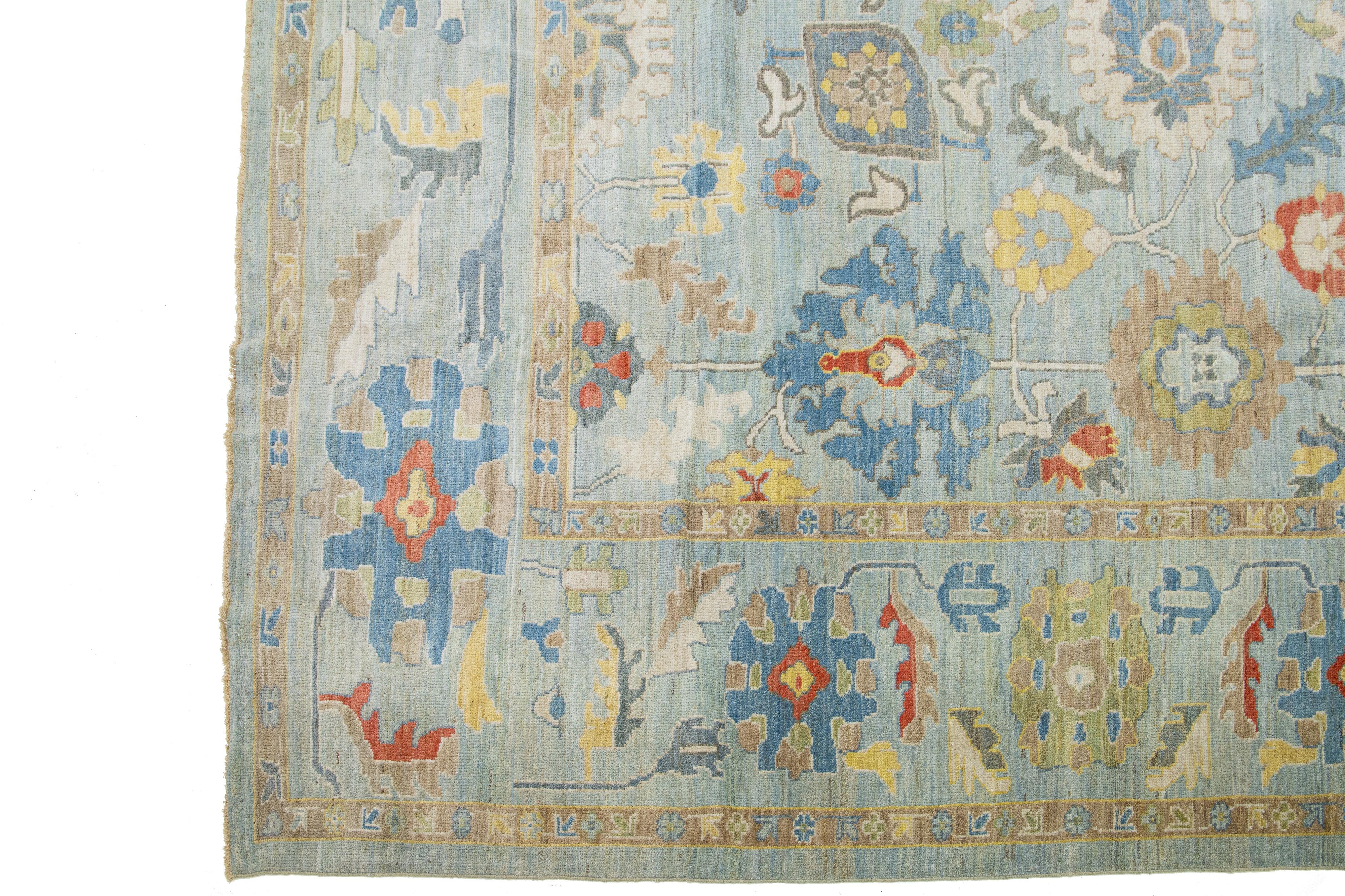 Pakistani Modern Sultanabad Wool Rug Blue Handmade Floral Motif For Sale
