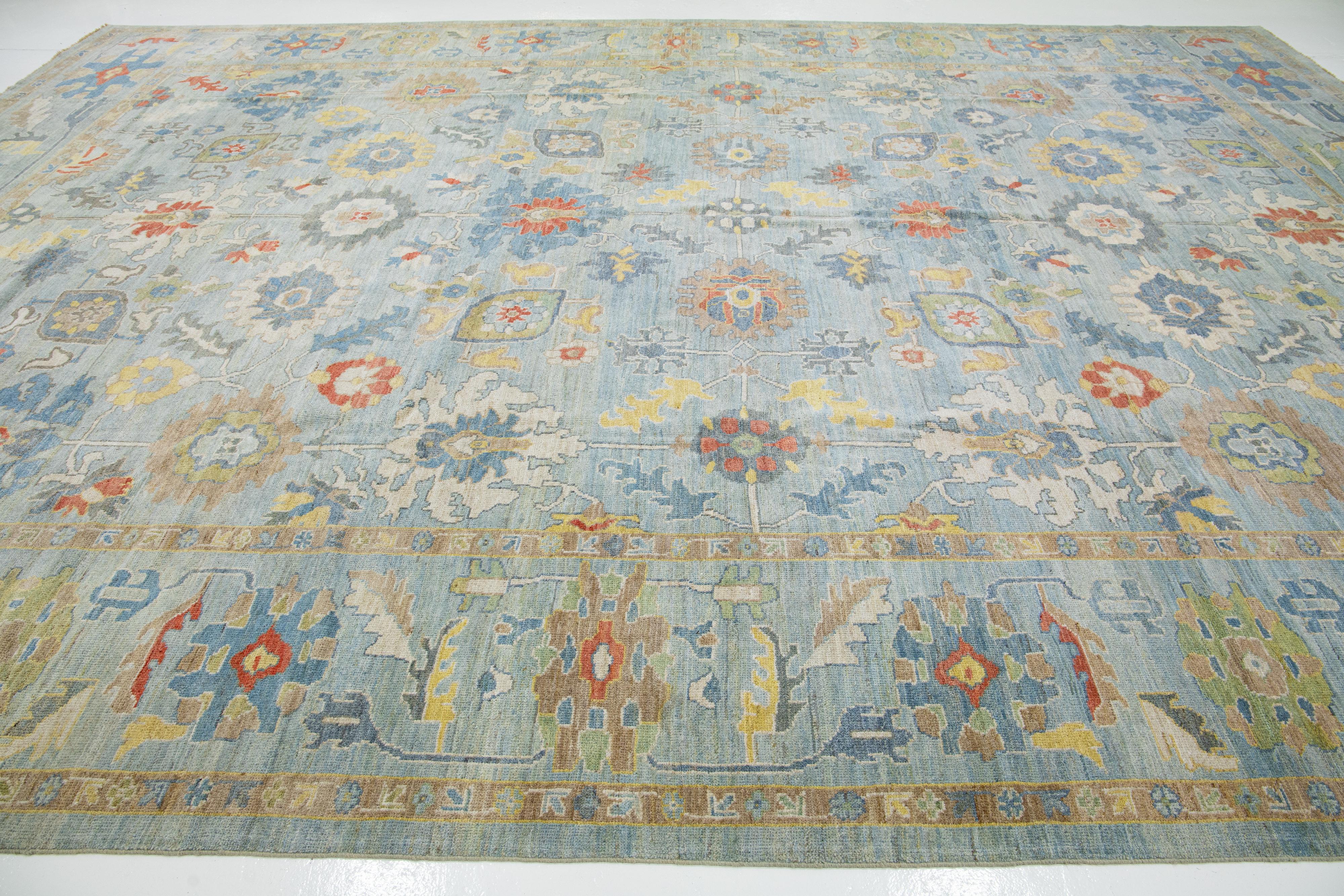 Hand-Knotted Modern Sultanabad Wool Rug Blue Handmade Floral Motif For Sale