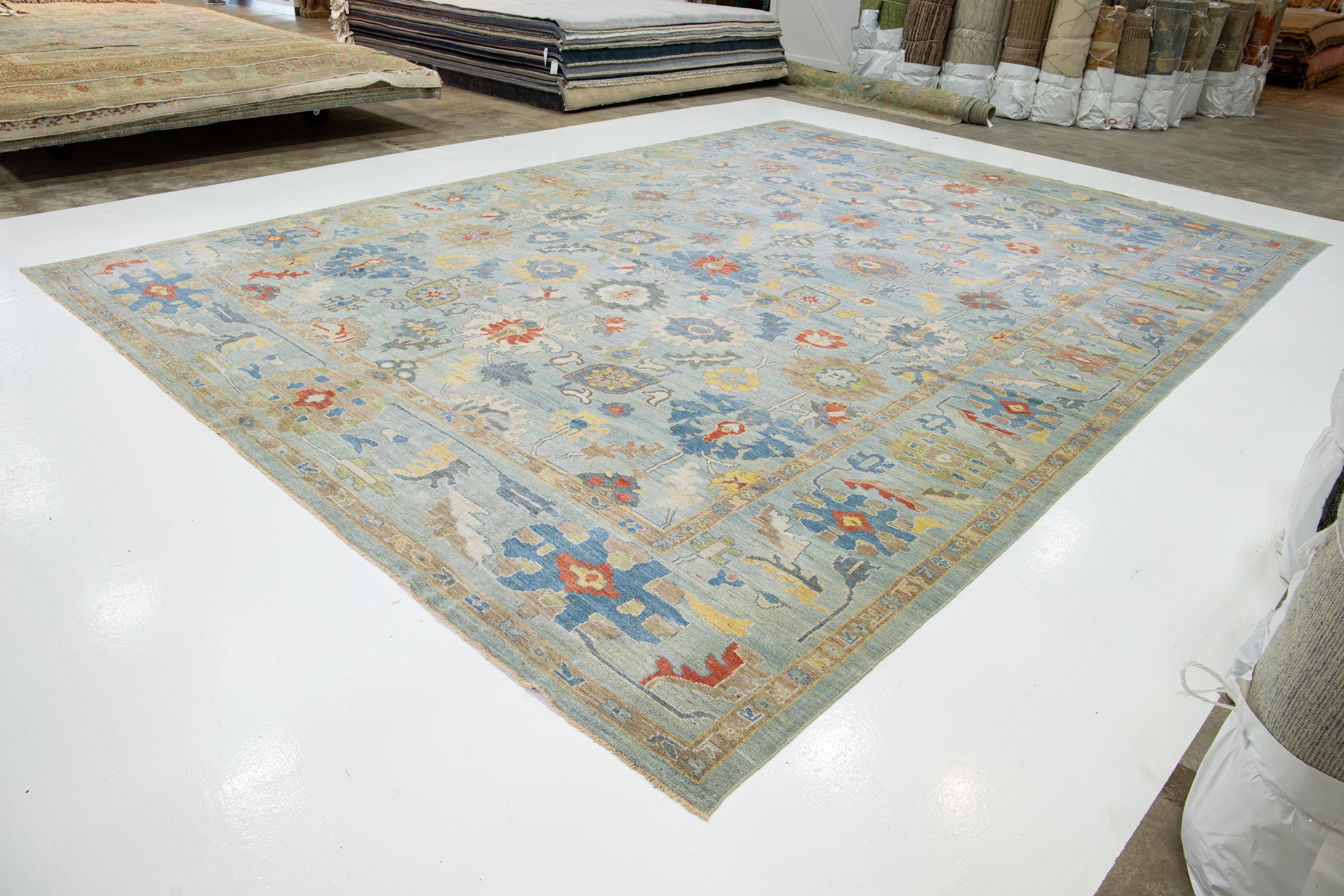 Hand-Knotted Modern Sultanabad Wool Rug Blue Handmade Floral Motif For Sale