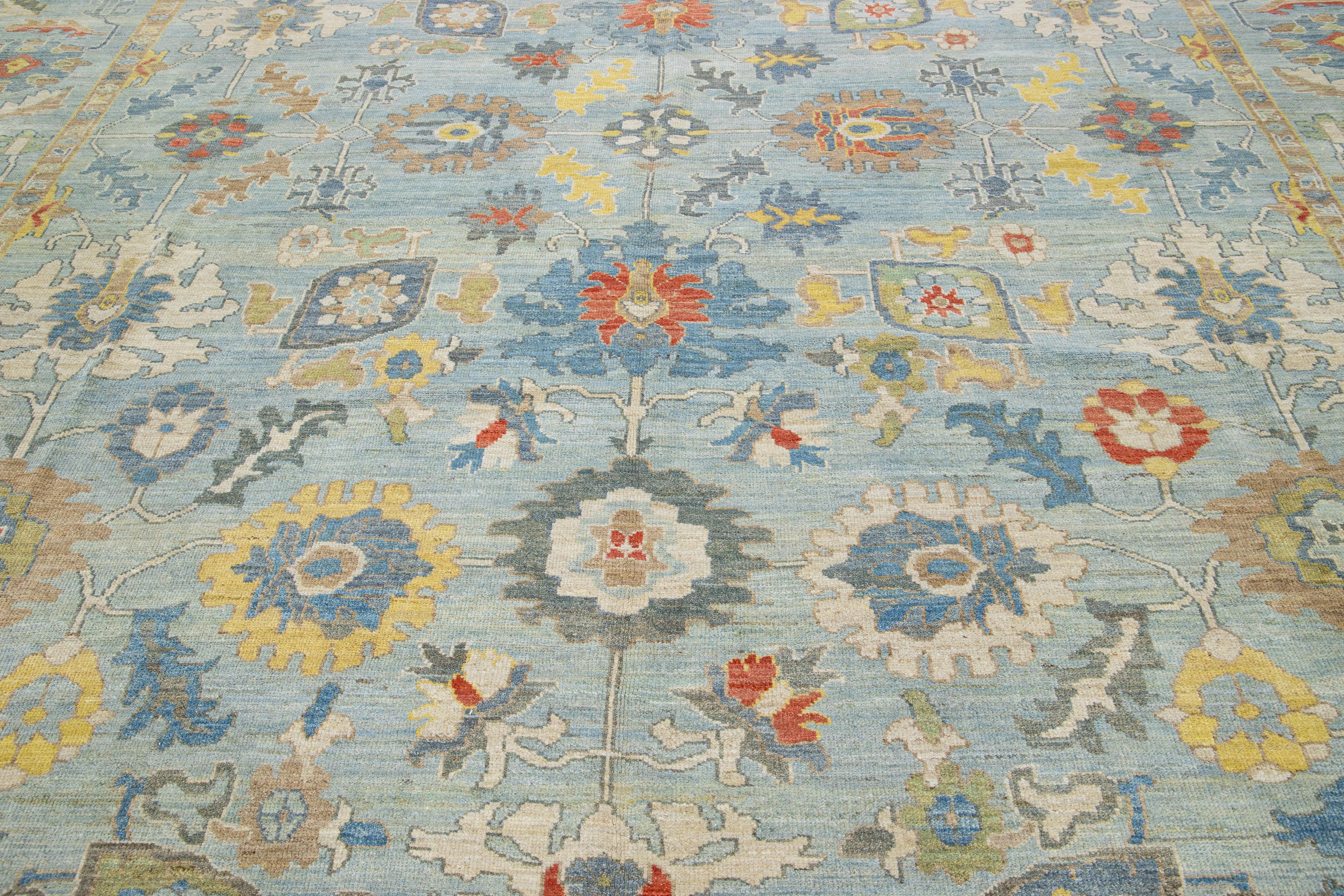 Modern Sultanabad Wool Rug Blue Handmade Floral Motif In New Condition For Sale In Norwalk, CT