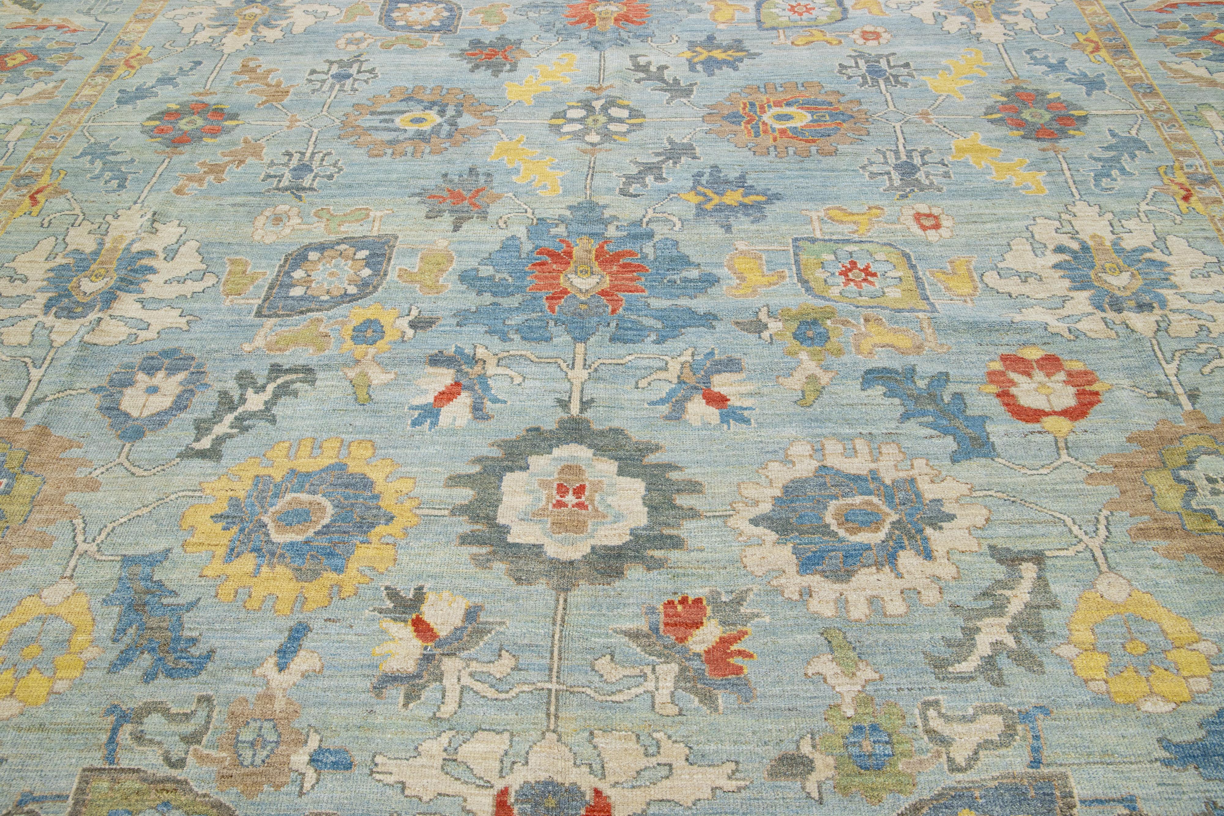 Contemporary Modern Sultanabad Wool Rug Blue Handmade Floral Motif For Sale