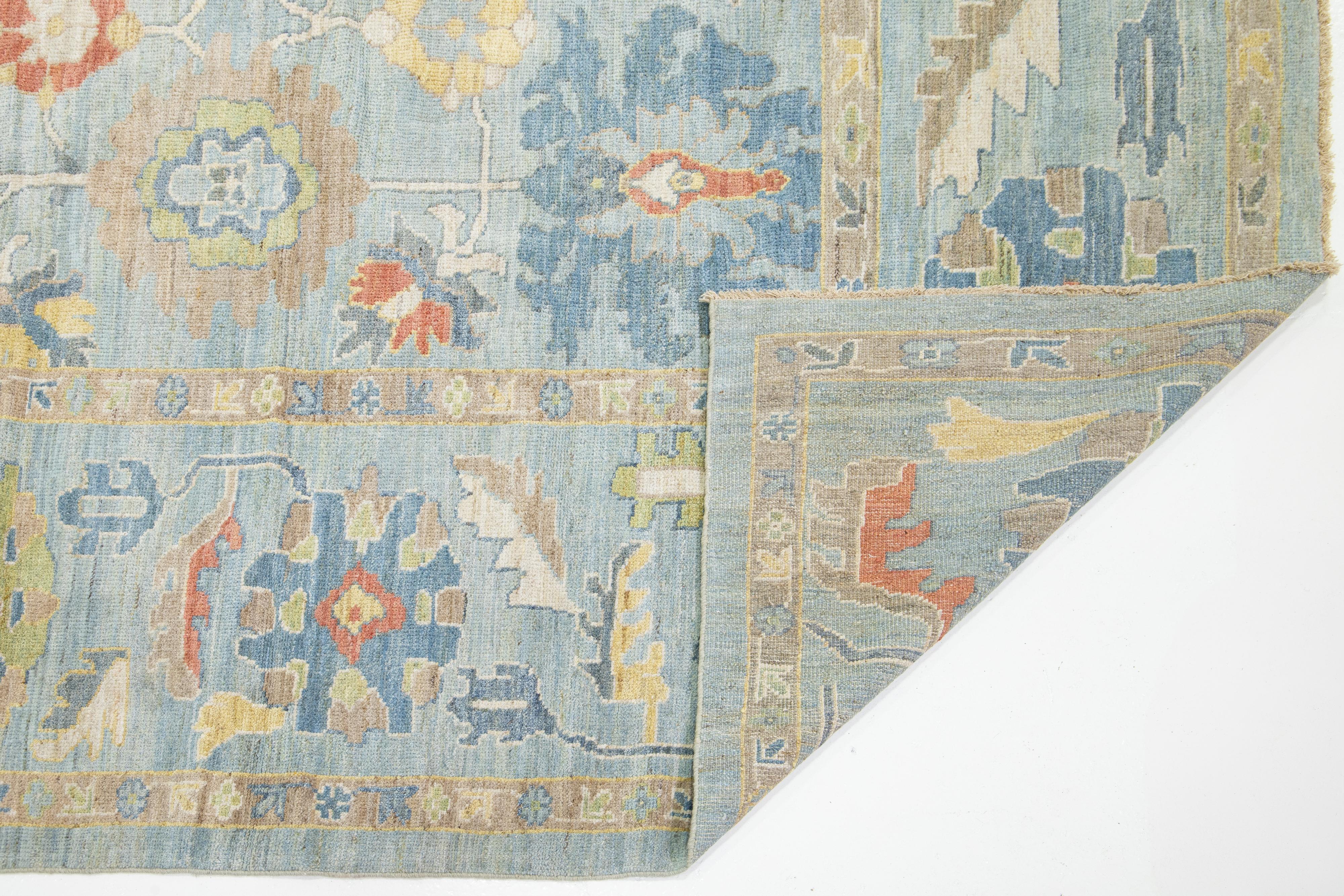 Contemporary Modern Sultanabad Wool Rug Blue Handmade Floral Motif For Sale
