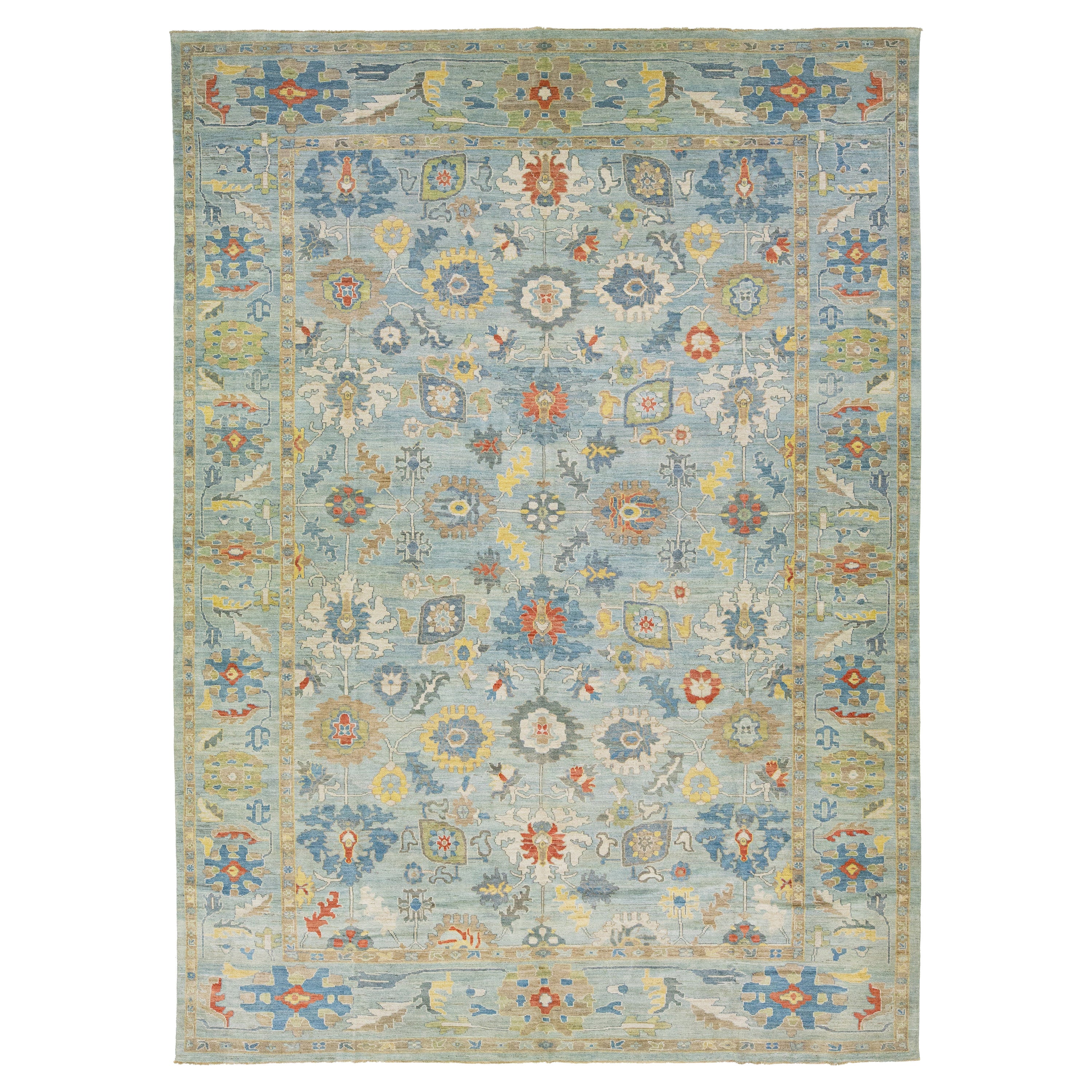 Modern Sultanabad Wool Rug Blue Handmade Floral Motif