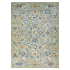 Moderner blauer Sultanabad-Wollteppich mit Blumenmotiv, handgefertigt