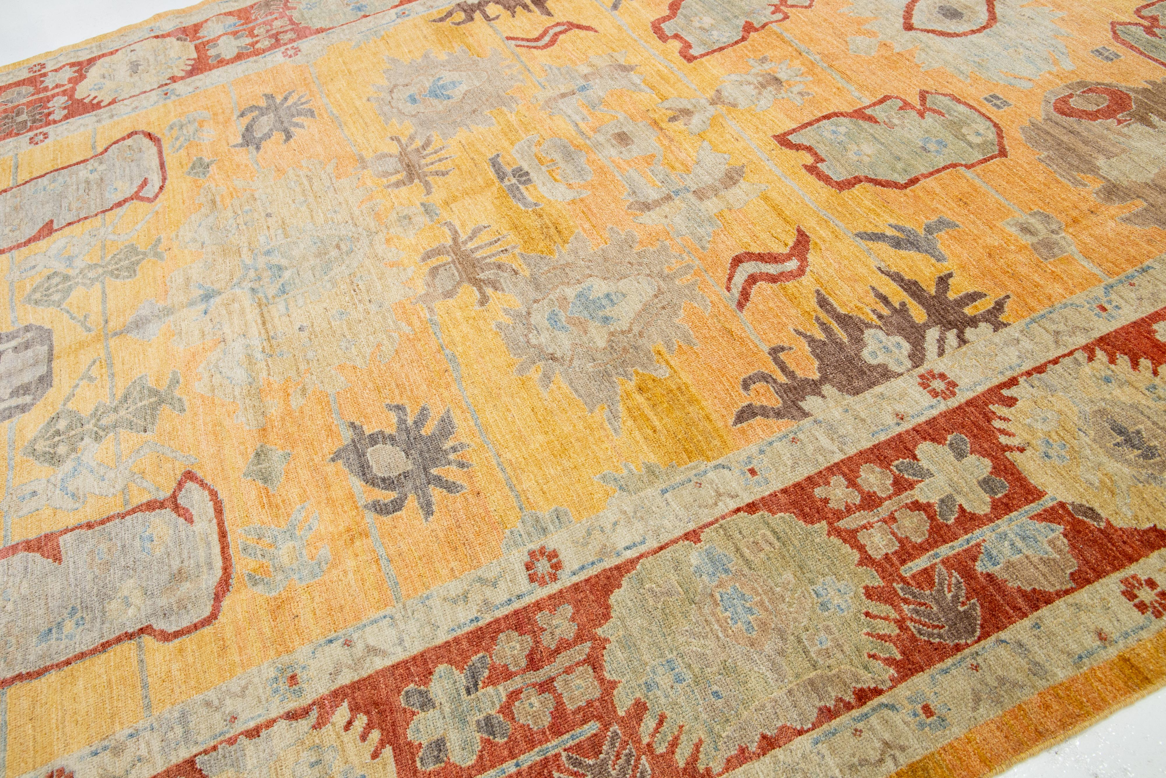 Persian Modern Sultanabad Wool Rug Handmade In Yellow With Allover Design  For Sale