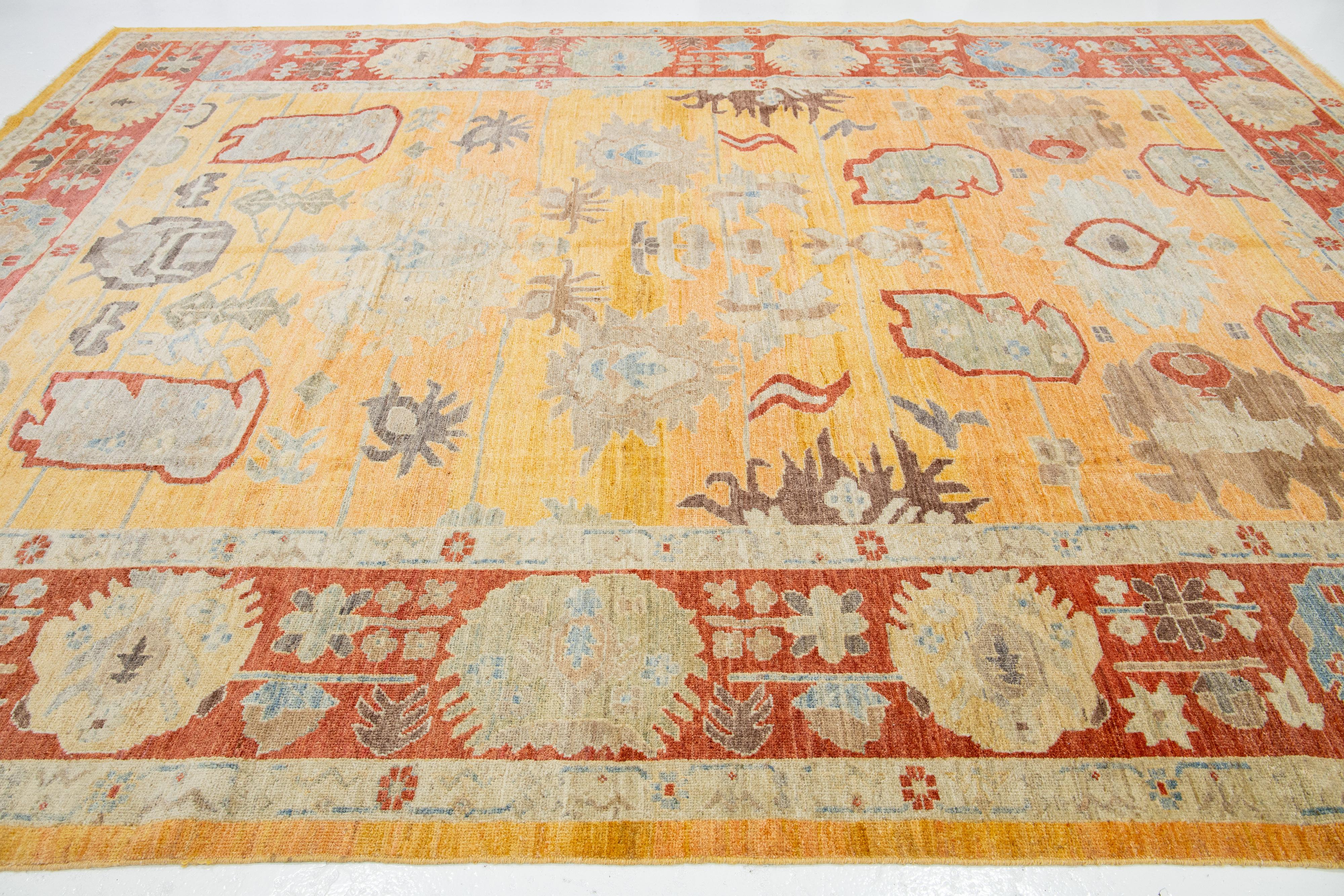 Hand-Knotted Modern Sultanabad Wool Rug Handmade In Yellow With Allover Design  For Sale