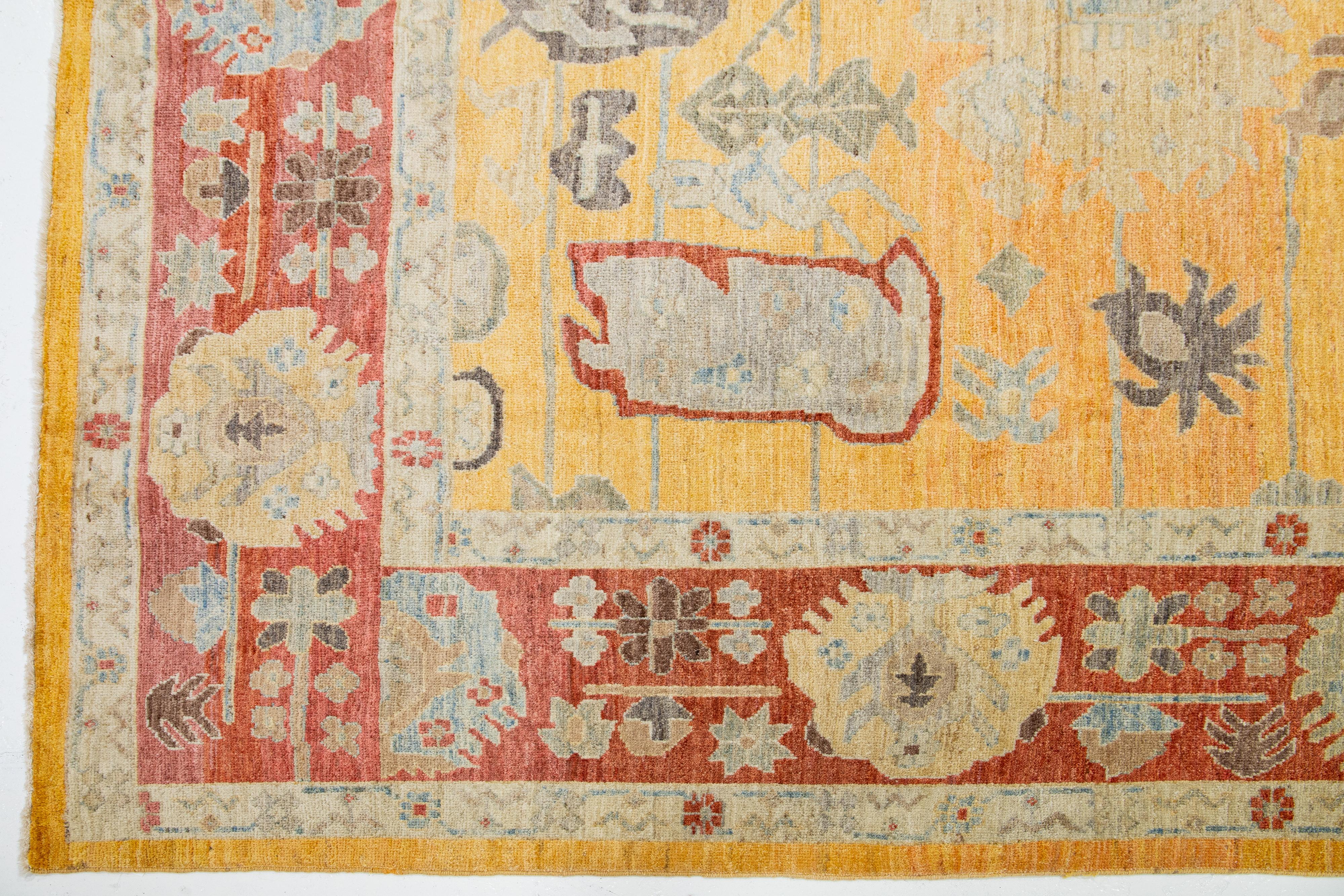 Modern Sultanabad Wool Rug Handmade In Yellow With Allover Design  In New Condition For Sale In Norwalk, CT