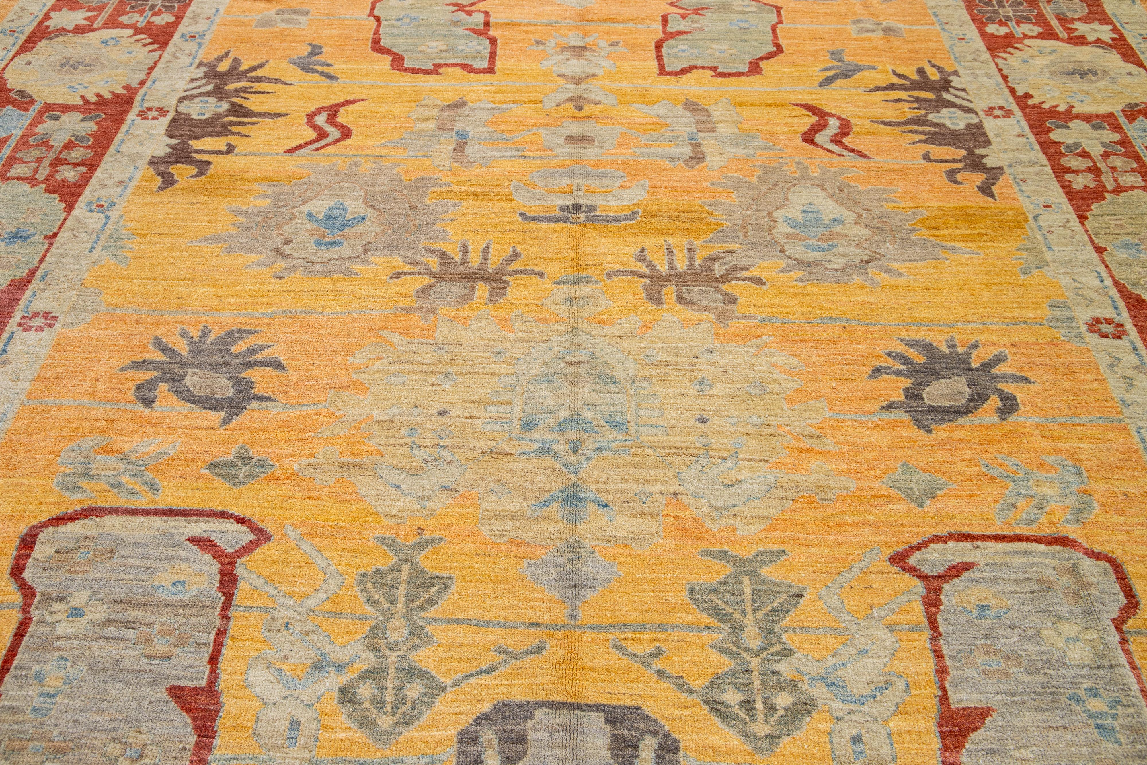 Contemporary Modern Sultanabad Wool Rug Handmade In Yellow With Allover Design  For Sale