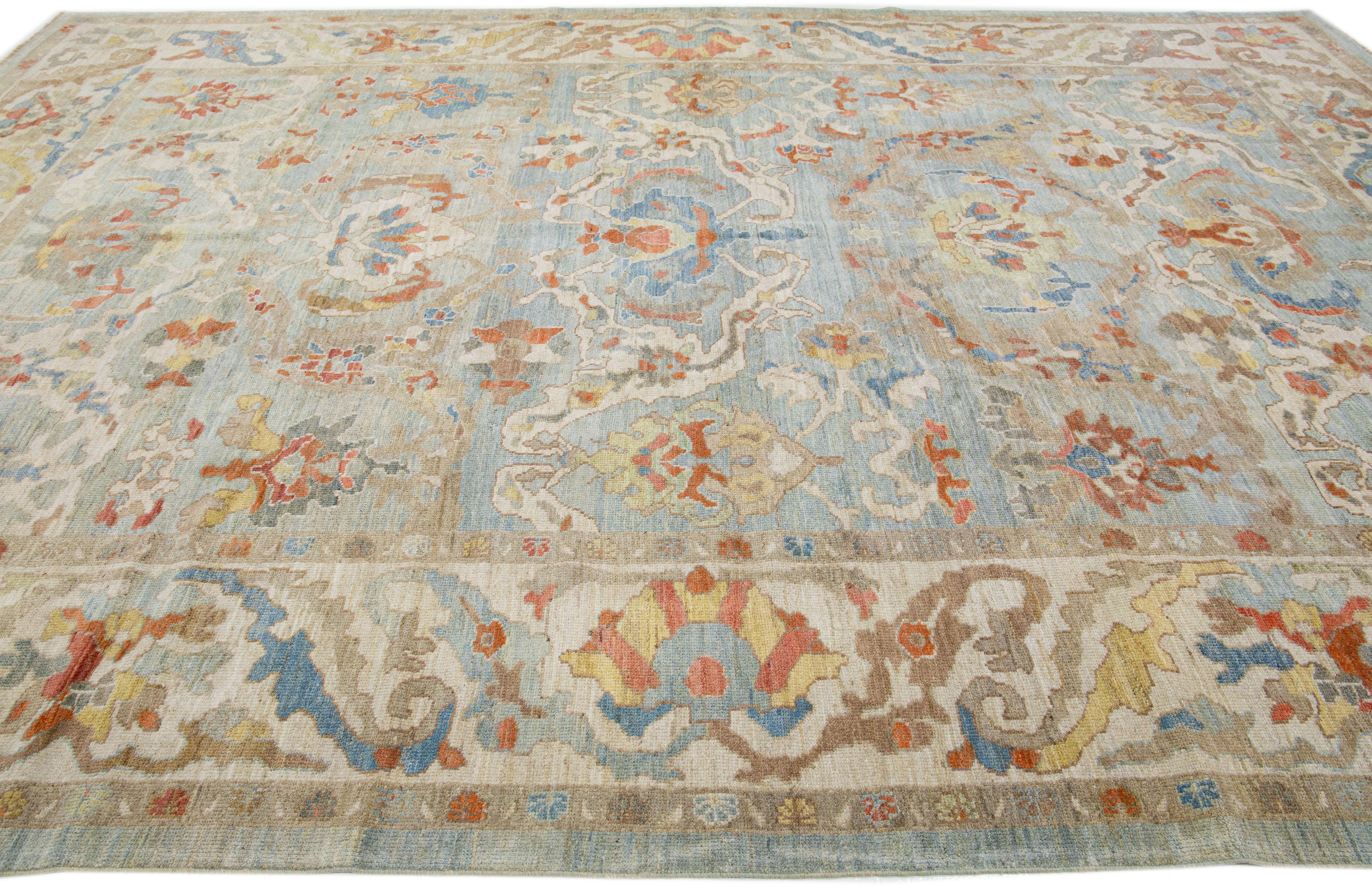 Hand-Knotted Modern Sultanabad Wool Rug with Multicolor Floral Motif in Blue For Sale