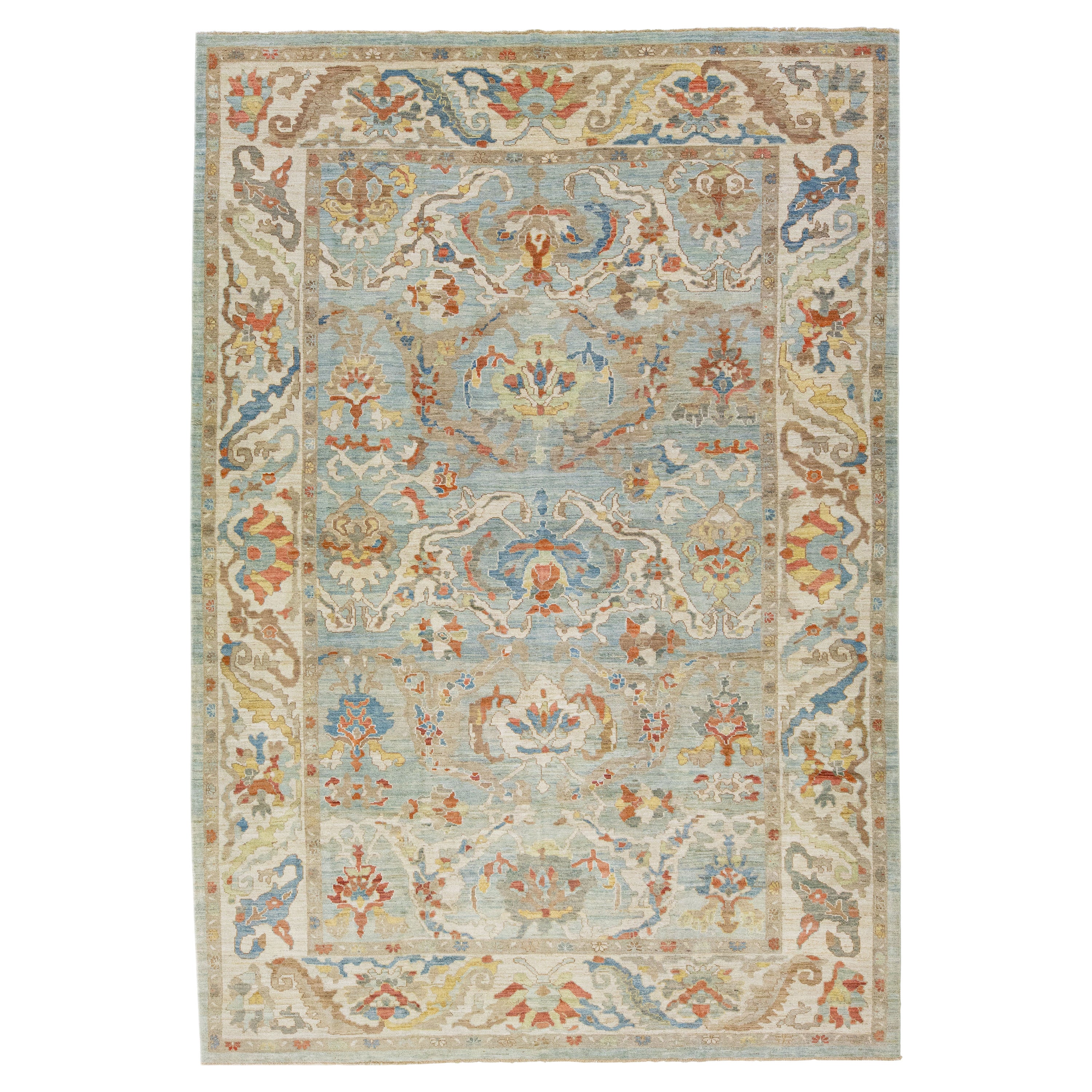 Moderner Sultanabad-Wollteppich mit mehrfarbigem Blumenmotiv in Blau