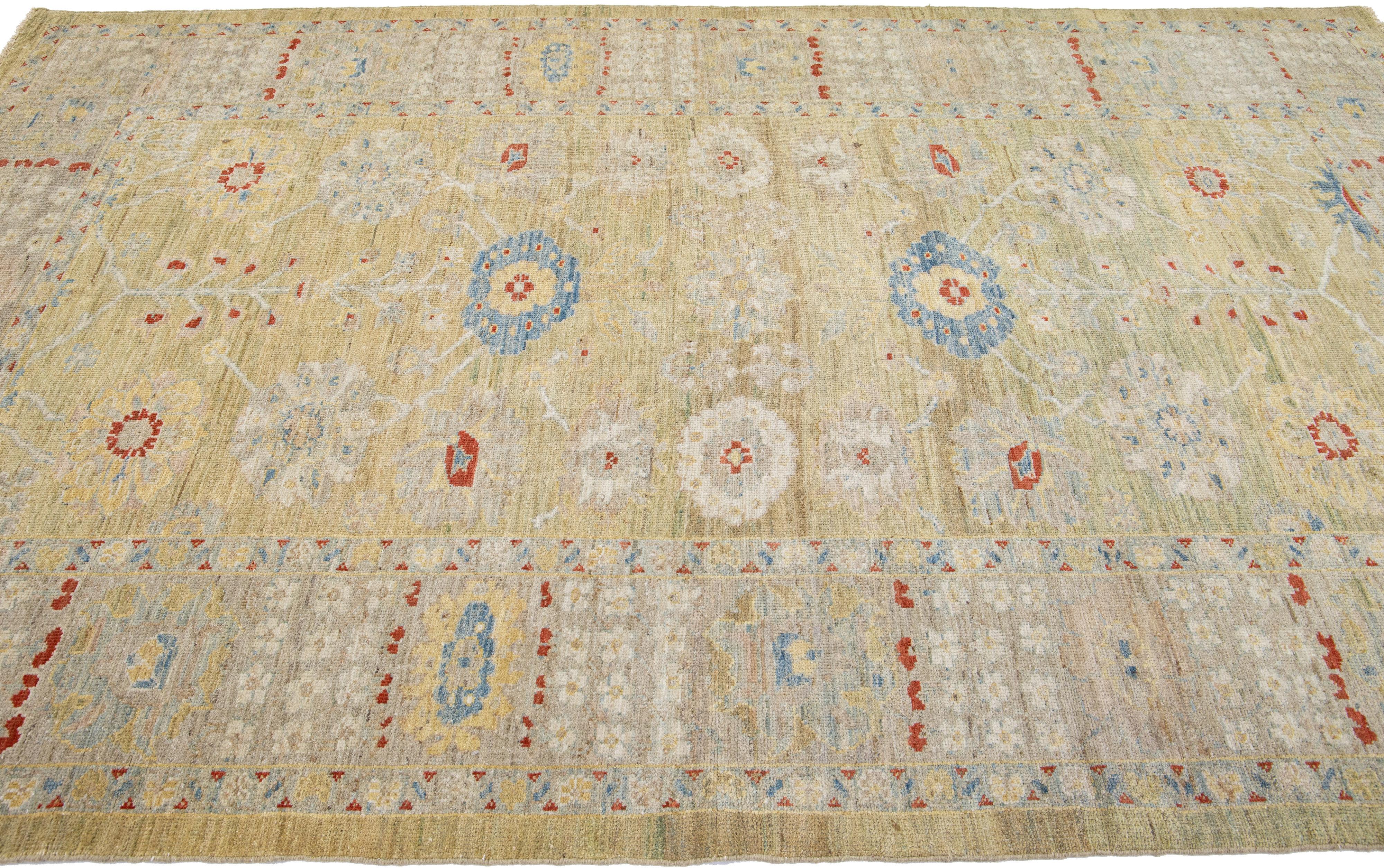 Hand-Knotted Modern Sultanabad Yellow Handmade Wool Rug with Floral Design For Sale