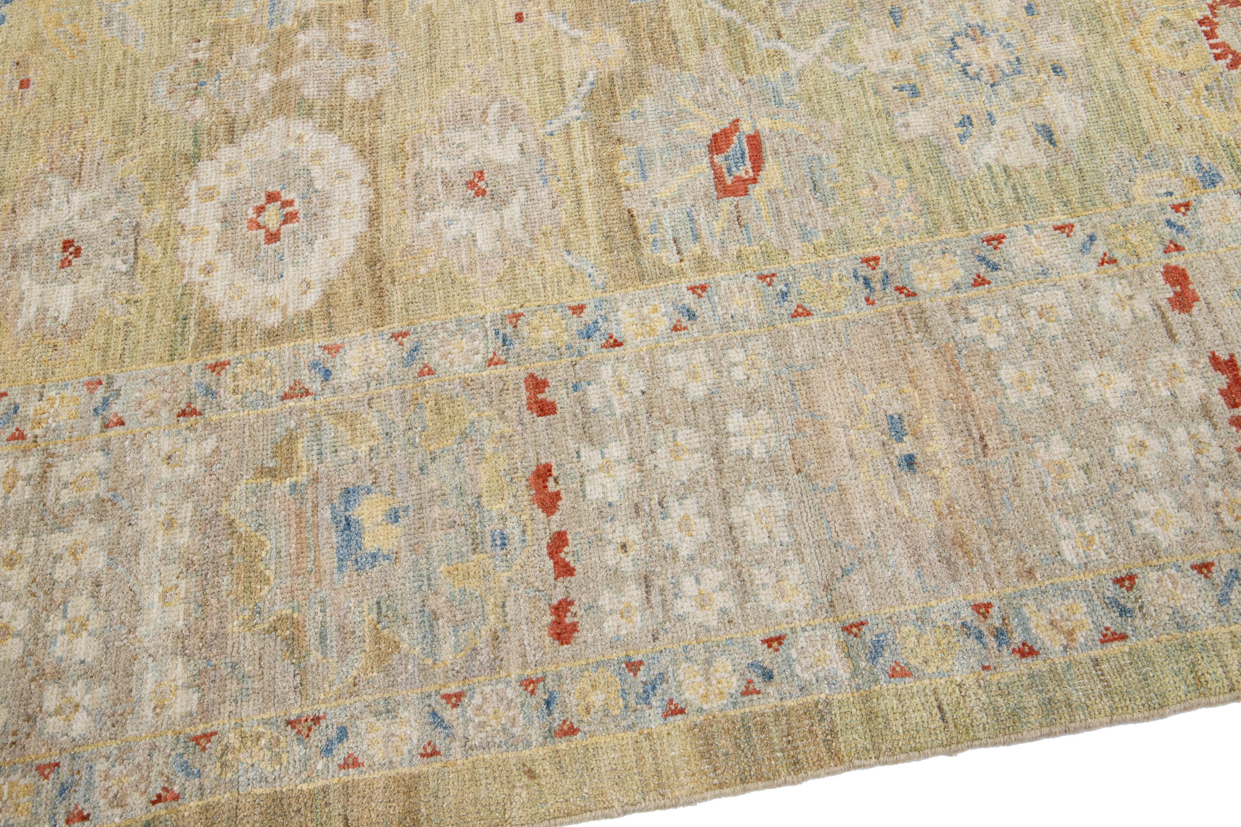Contemporary Modern Sultanabad Yellow Handmade Wool Rug with Floral Design For Sale