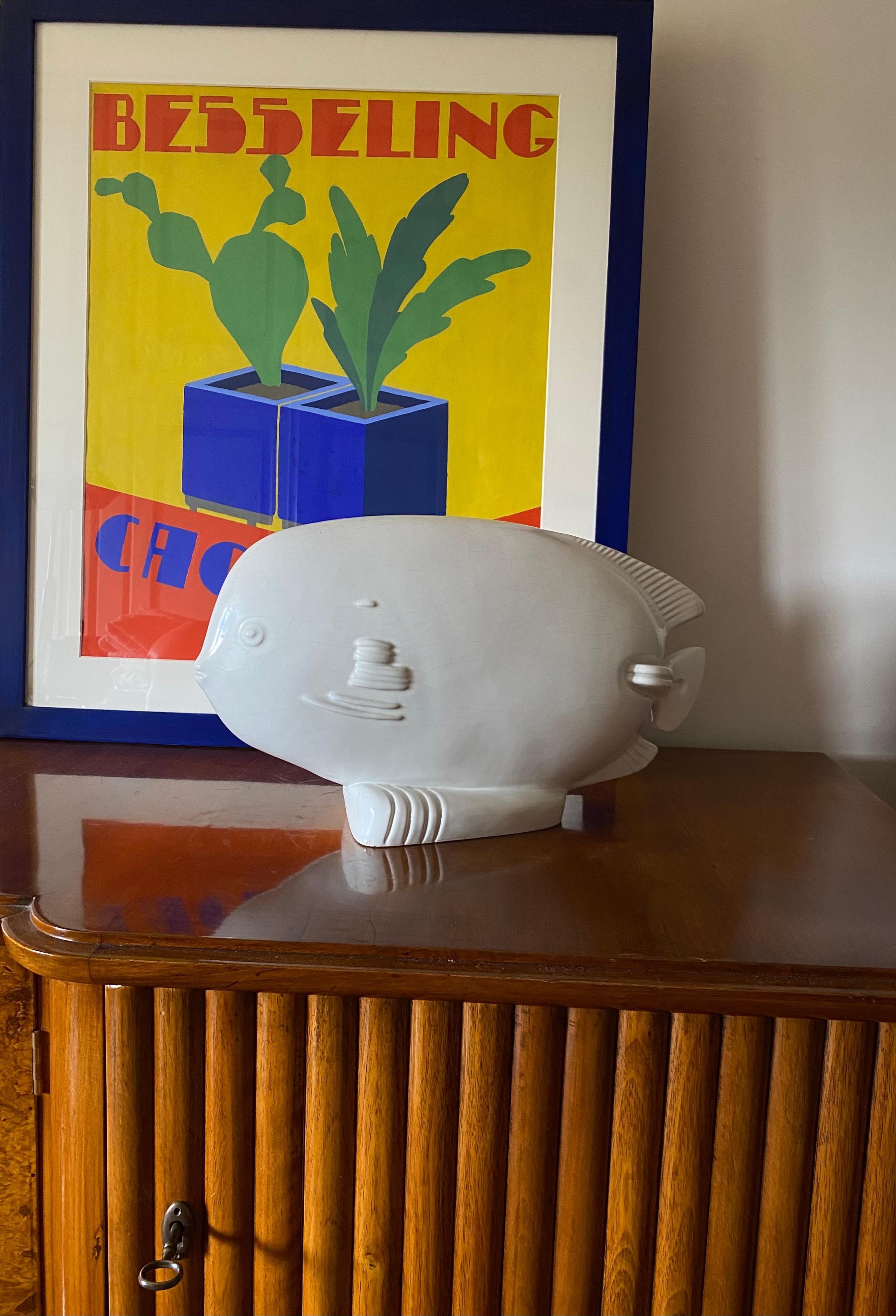 French Modern sunfish craquelé ceramic sculpture, France ca. 1950