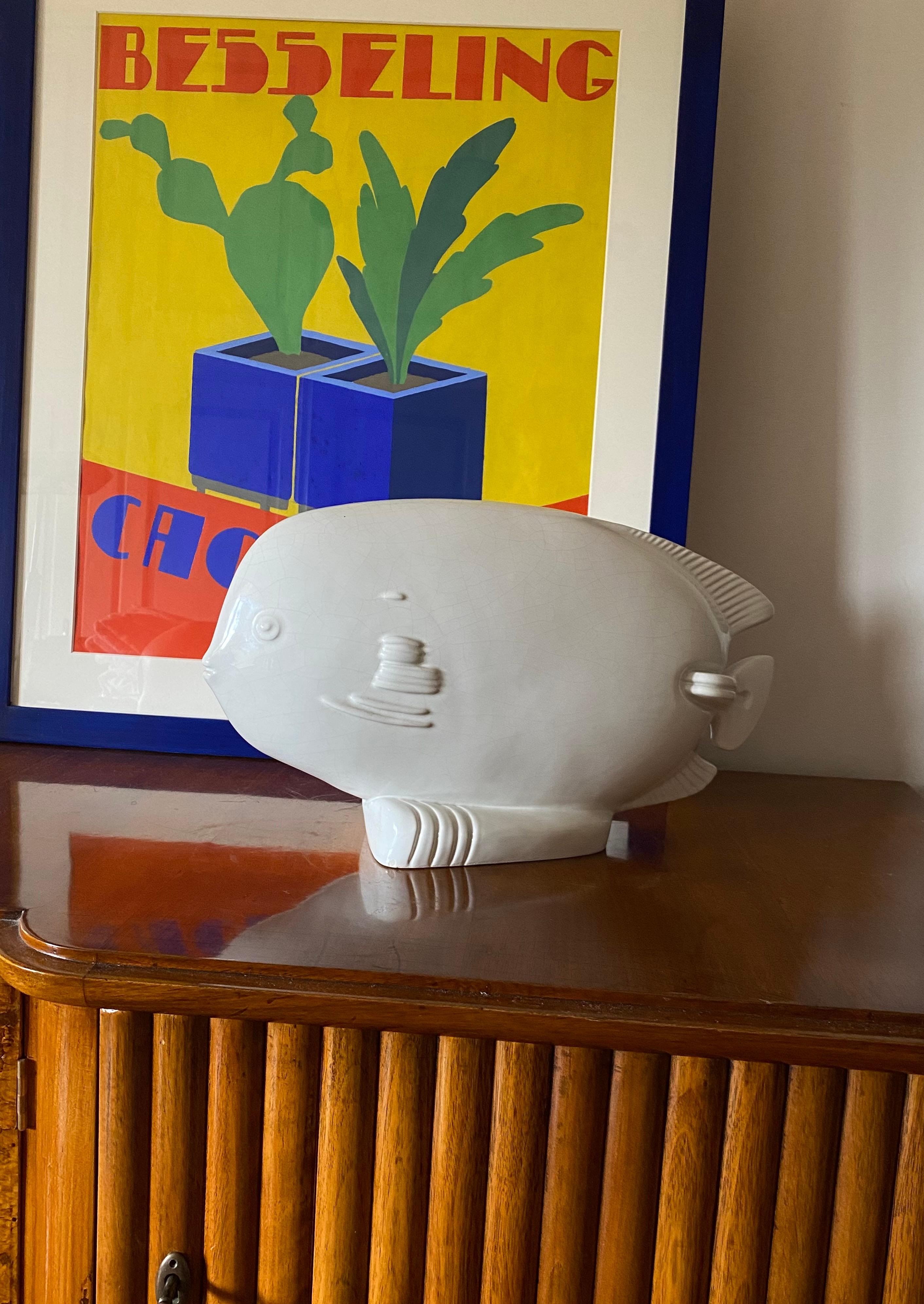 Modern sunfish craquelé ceramic sculpture, France ca. 1950 In Good Condition In Firenze, IT