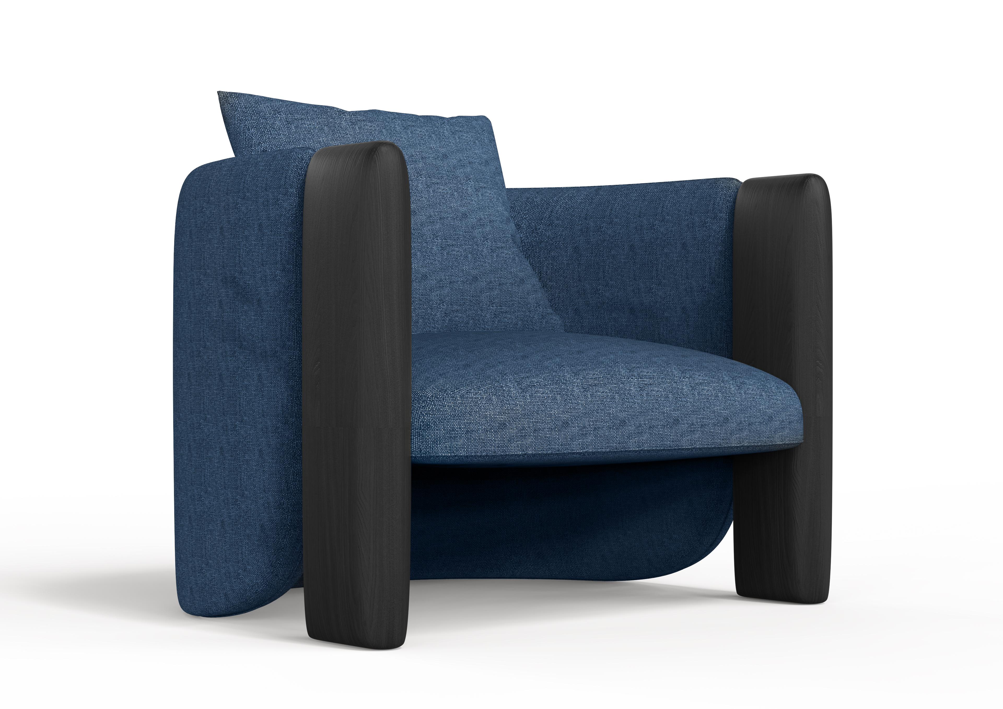 Contemporary Modern Sunset Armchair in Blue Fabric and Black Stained Ash  For Sale
