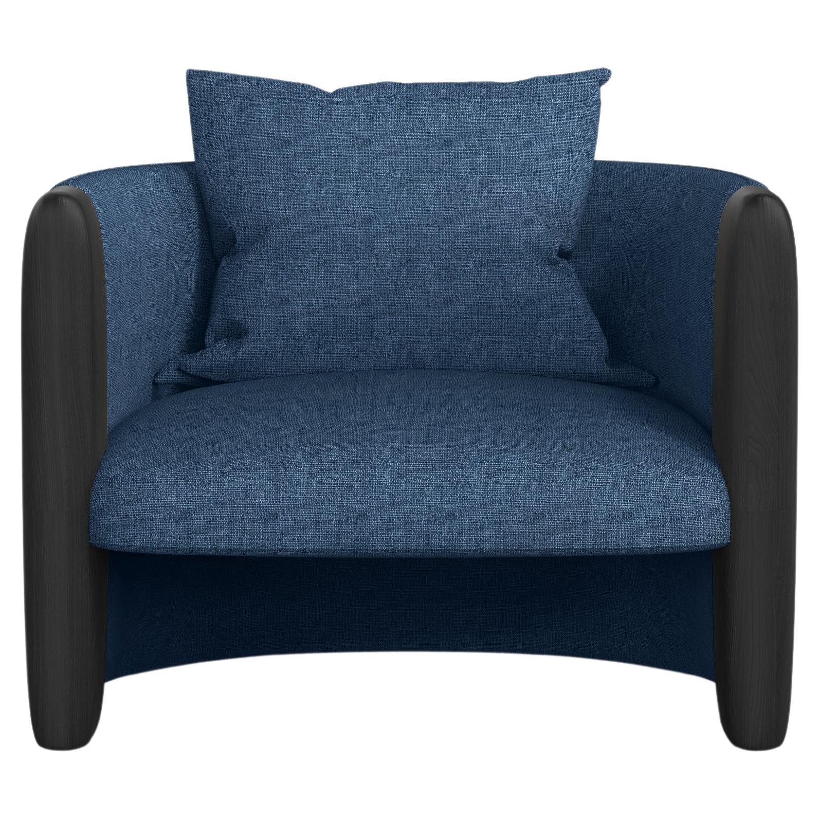Modern Sunset Armchair in Blue Fabric and Black Stained Ash  For Sale