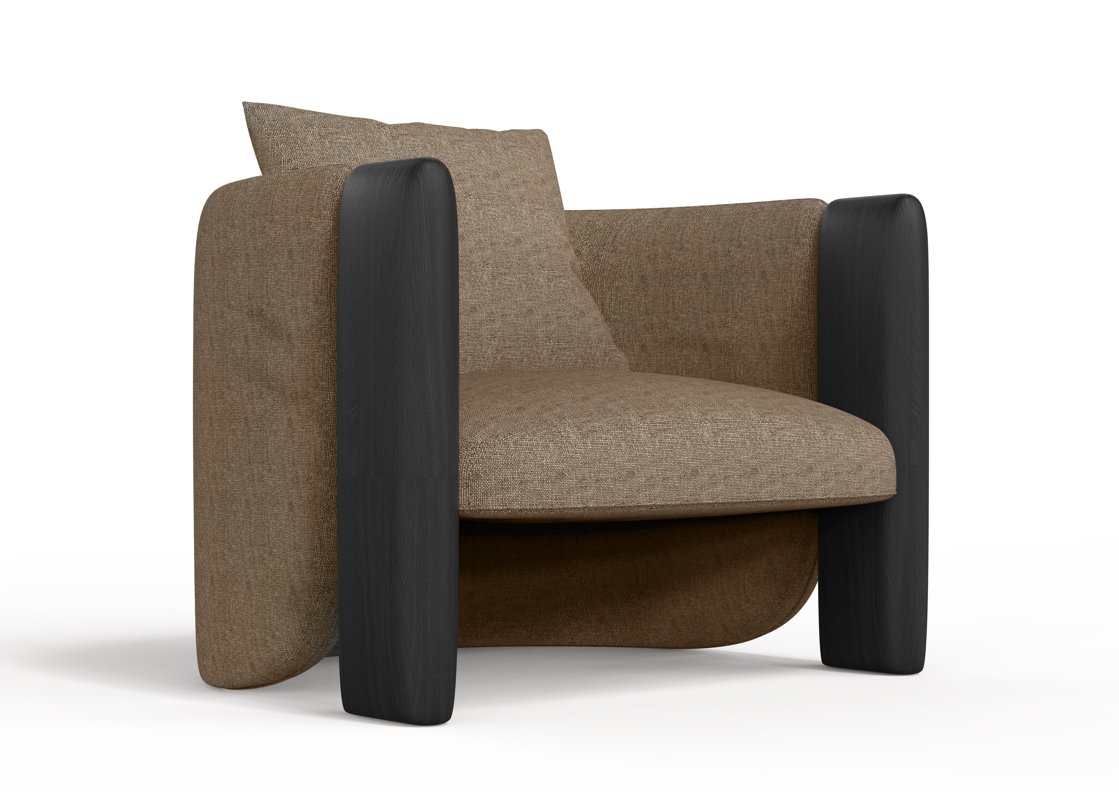 Contemporary Modern Sunset Armchair in Brown Fabric and Black Stained Ash  For Sale