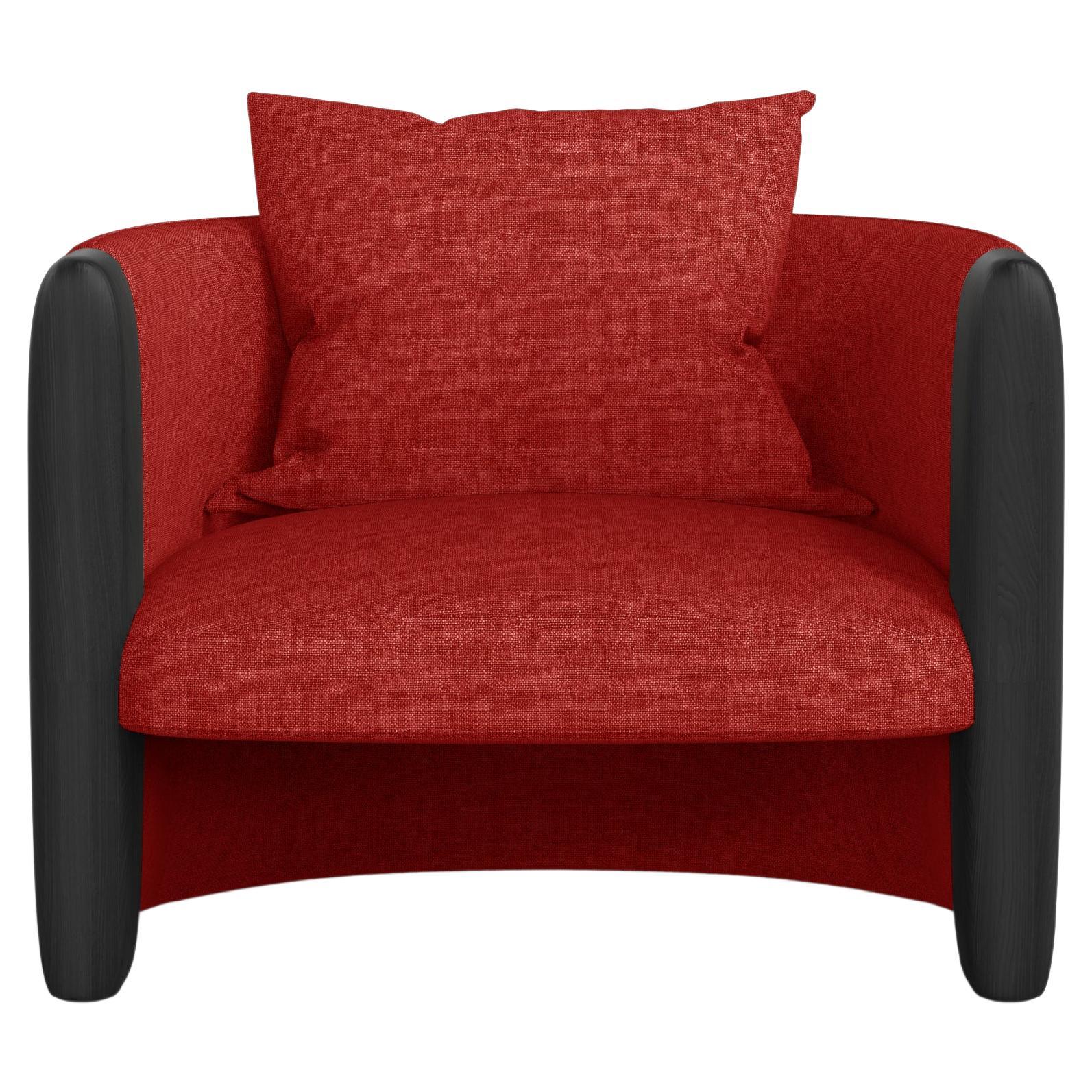 Moderner Sonnenuntergang-Sessel aus rotem Stoff und schwarz gebeizter Esche 