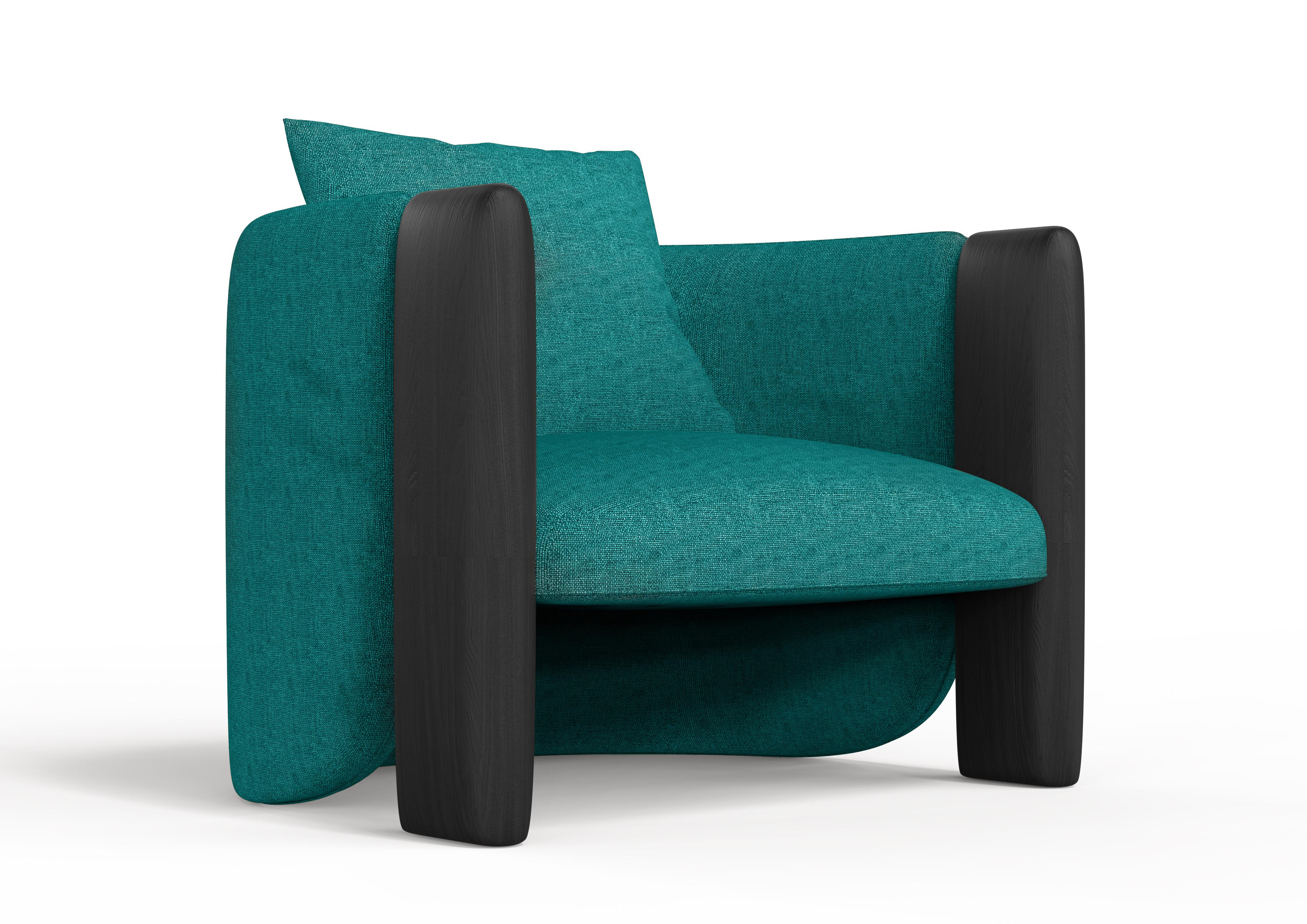Portuguese Modern Sunset Armchair in Teal Fabric and Black Stained Ash  For Sale