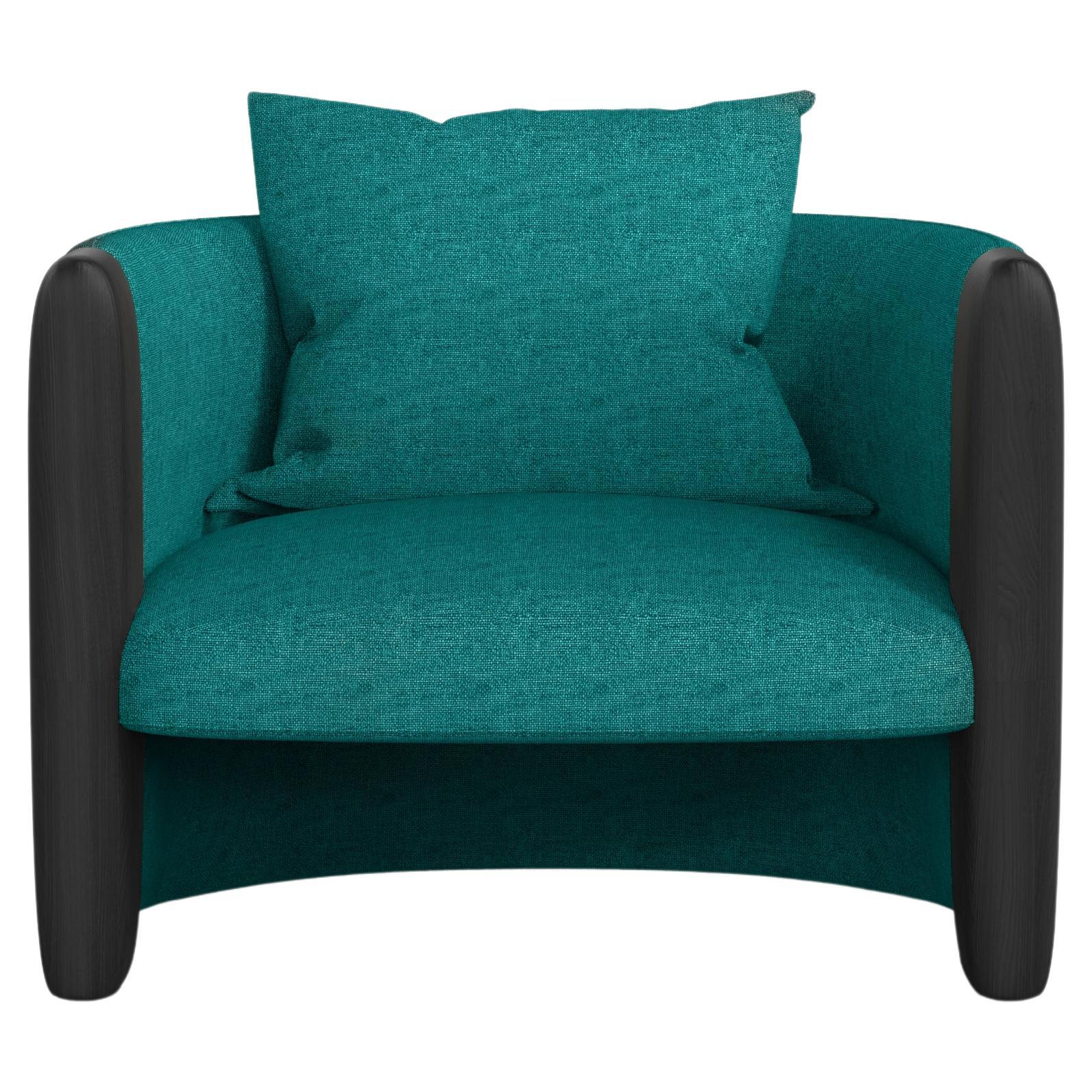 Modern Sunset Armchair in Teal Fabric and Black Stained Ash  For Sale