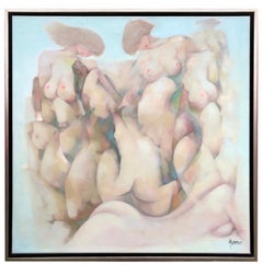 Modern Surrealist Chinese Artist Zhu Zhechi Oil on Canvas Nude Females Painting