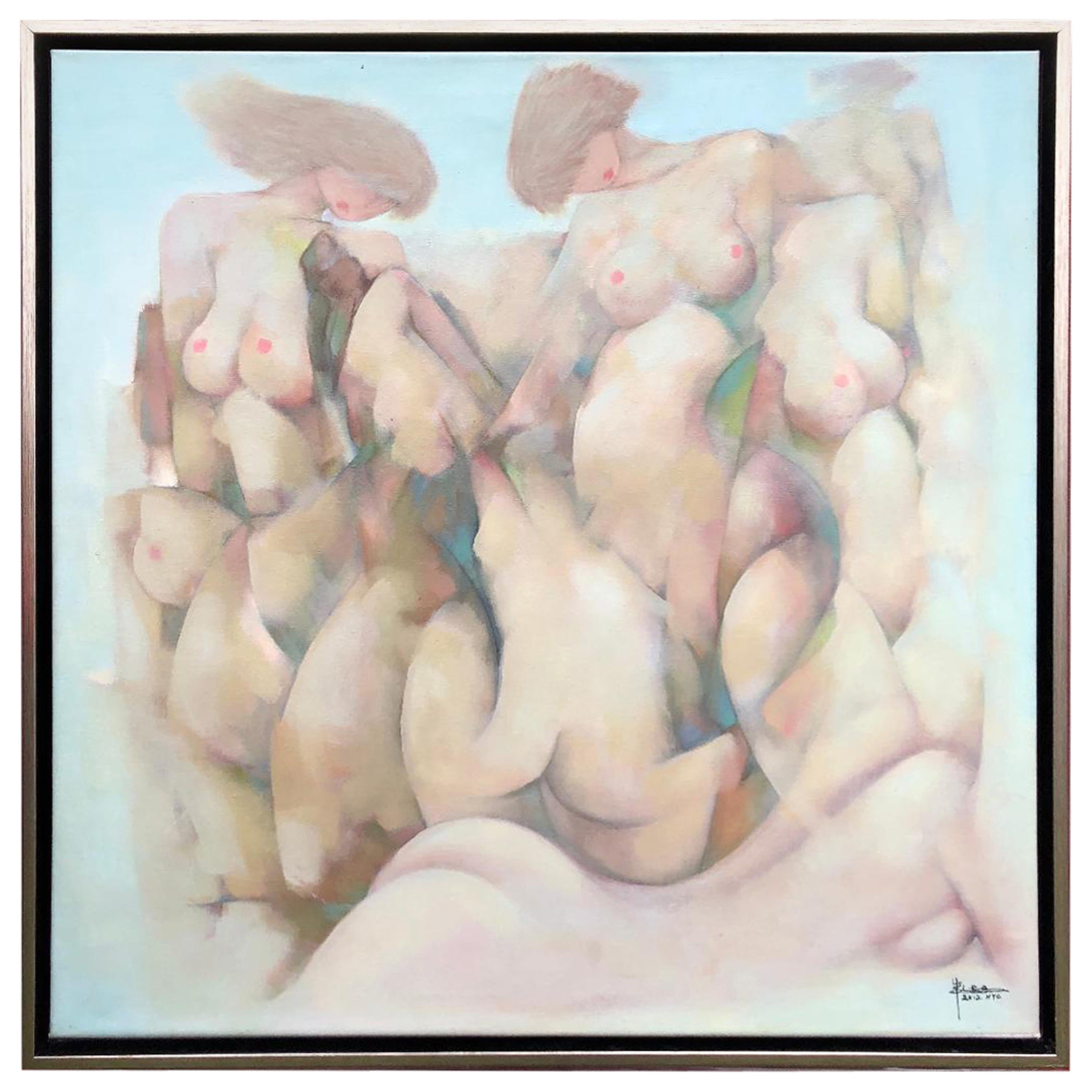 Modern Surrealist Chinese Artist Zhu Zhechi Oil on Canvas Nude Females Painting