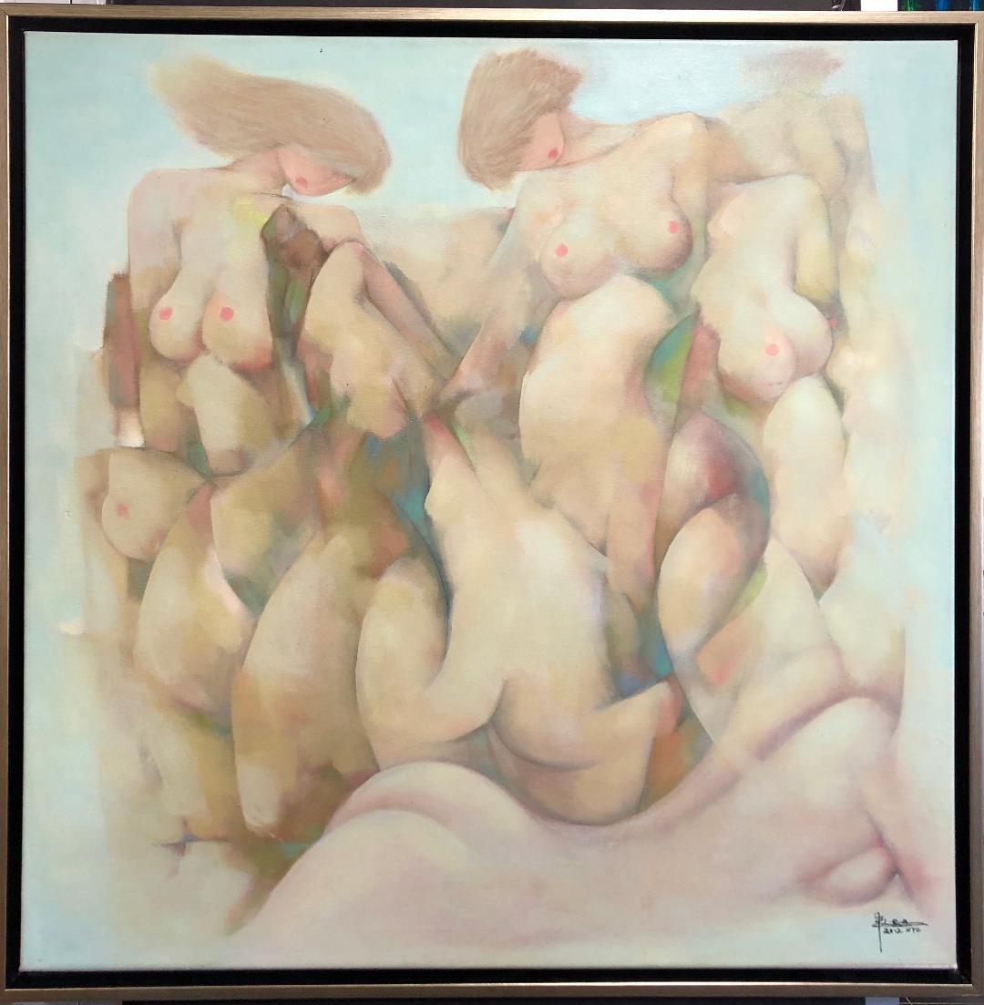 Modern Surrealist Chinese Artist Zhu Zhechi Oil on Canvas Nude Females Painting In Excellent Condition In Roslyn, NY