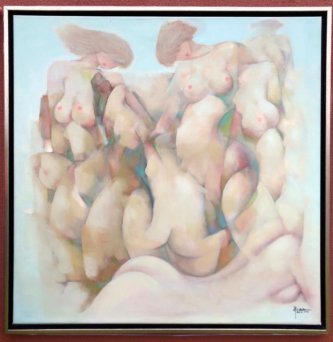 Modern Surrealist Chinese Artist Zhu Zhechi Oil on Canvas Nude Females Painting 1