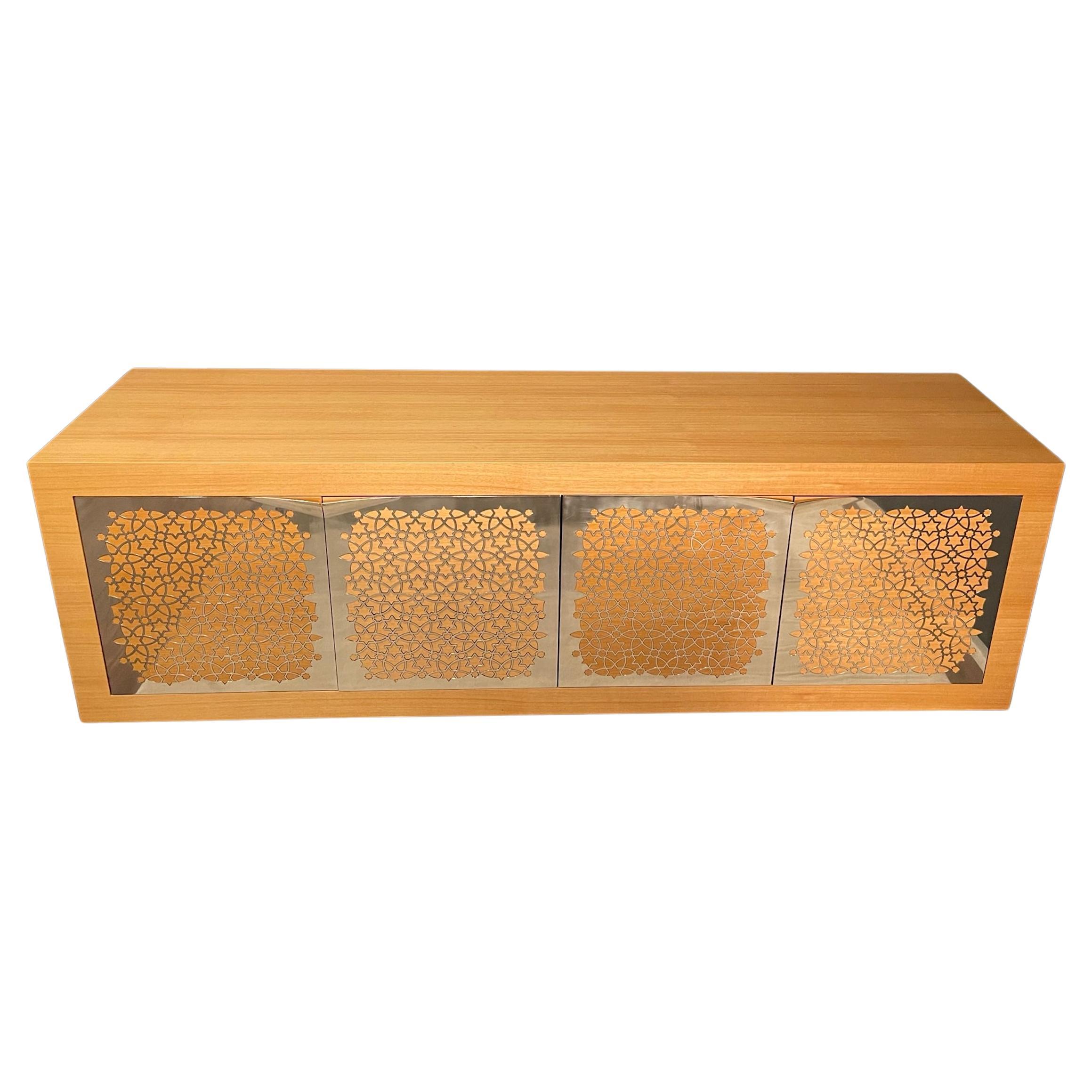 Modern Suspended Credenza Sideboard Oak Wood Polished Stainless Steel In Stock For Sale