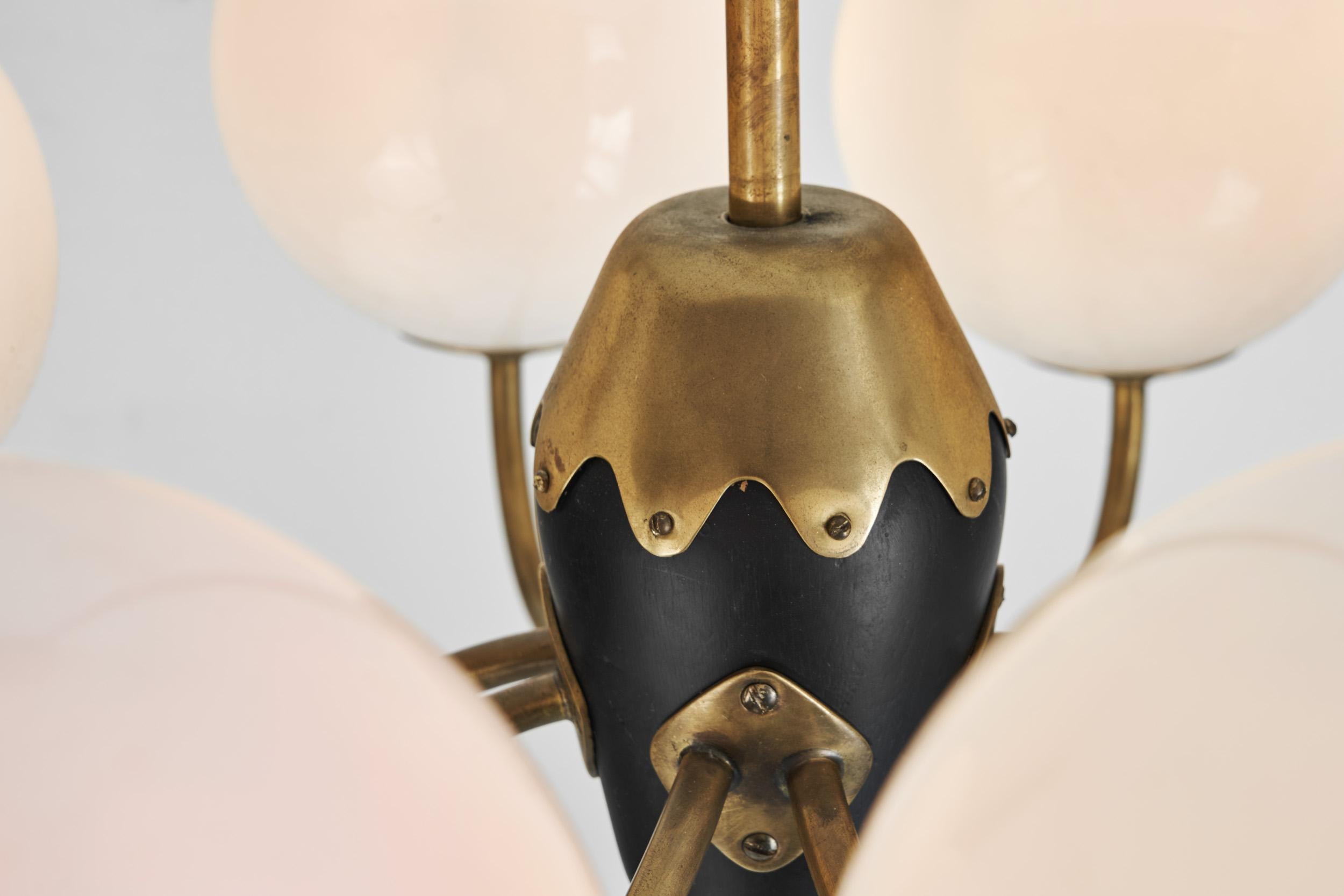 Modern Swedish Brass and Glass Globe Chandelier, Sweden 1940s For Sale 6