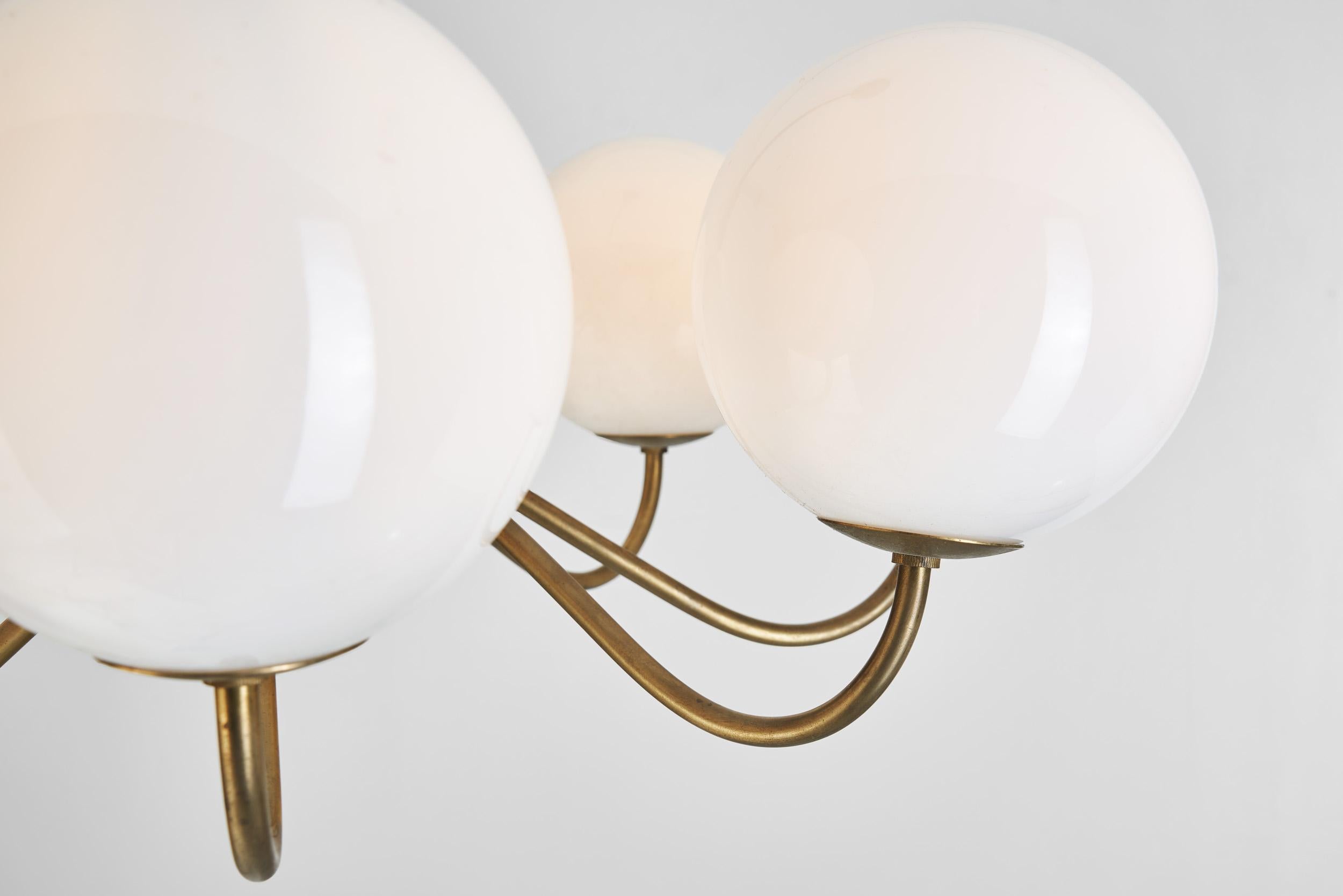Modern Swedish Brass and Glass Globe Chandelier, Sweden 1940s For Sale 7
