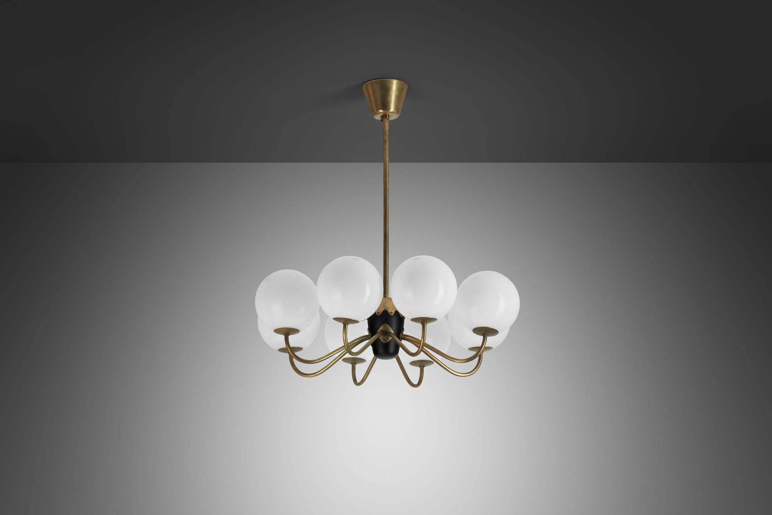 Scandinavian Modern Modern Swedish Brass and Glass Globe Chandelier, Sweden 1940s For Sale