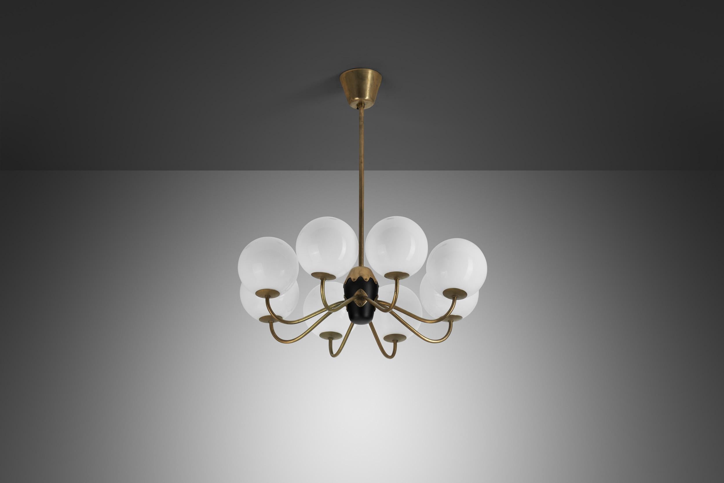 Mid-20th Century Modern Swedish Brass and Glass Globe Chandelier, Sweden 1940s For Sale