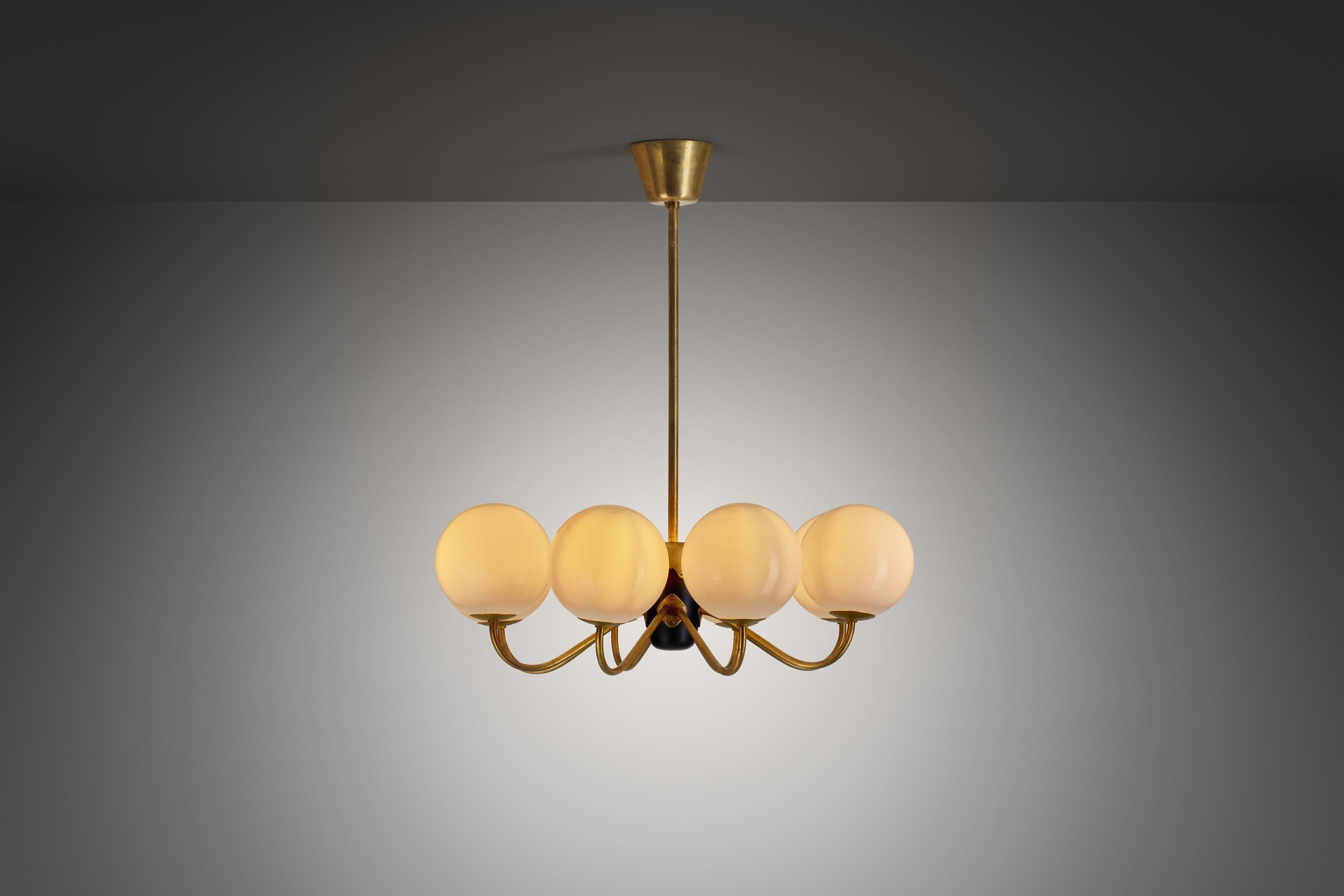 Modern Swedish Brass and Glass Globe Chandelier, Sweden 1940s For Sale 1