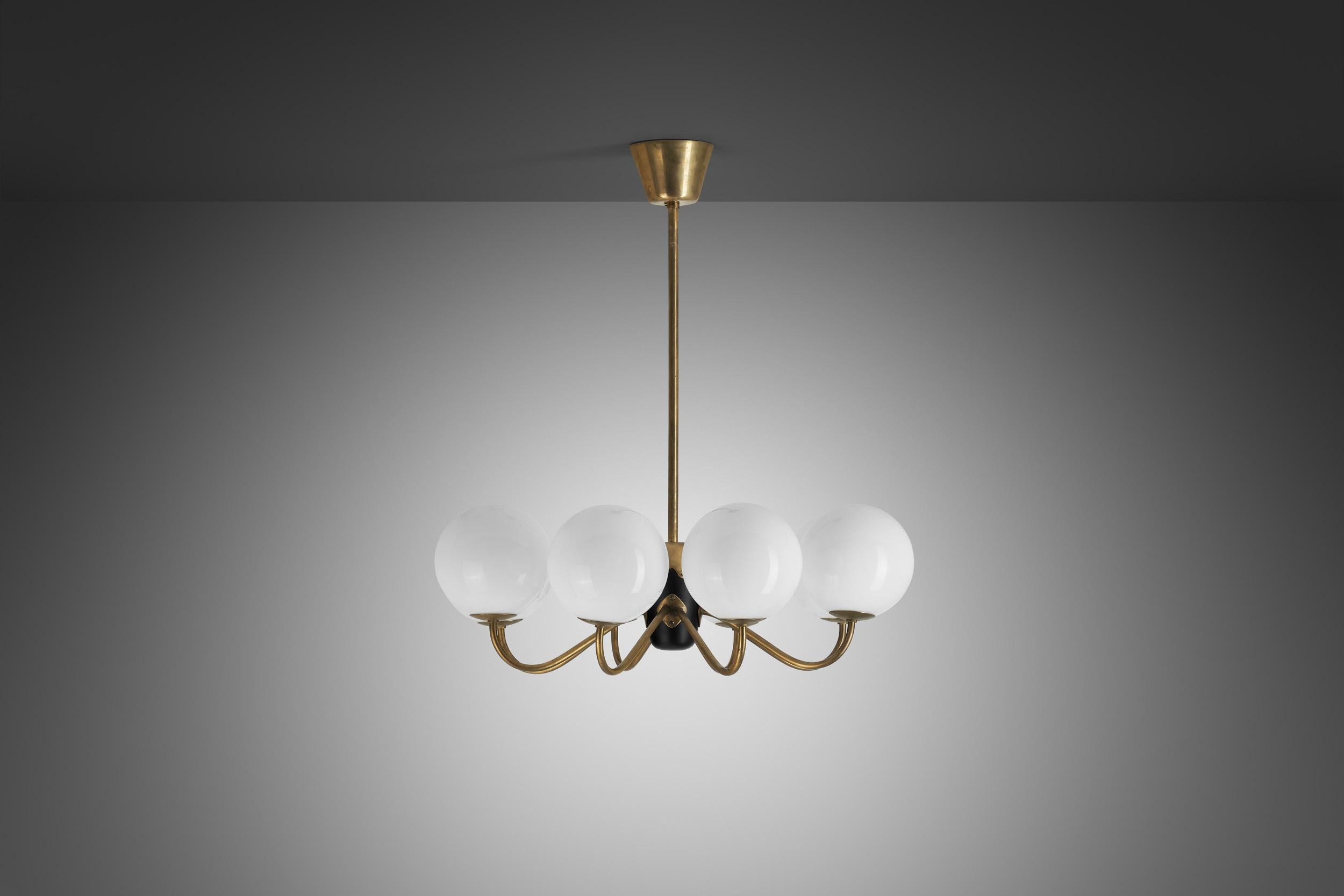 Modern Swedish Brass and Glass Globe Chandelier, Sweden 1940s For Sale 2