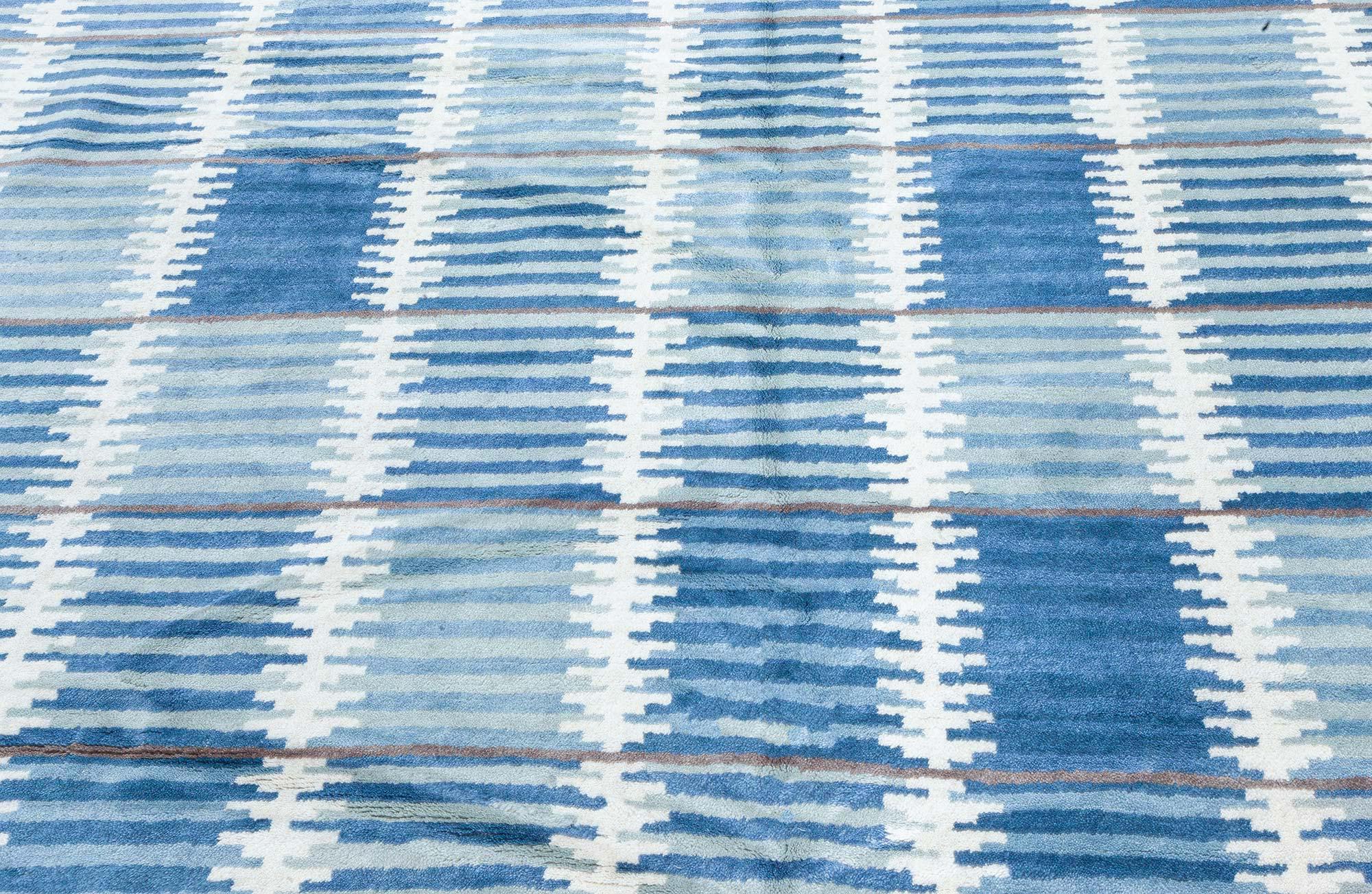 Scandinavian Modern Modern Swedish Design Blue Hand Knotted Wool Pile Rug For Sale