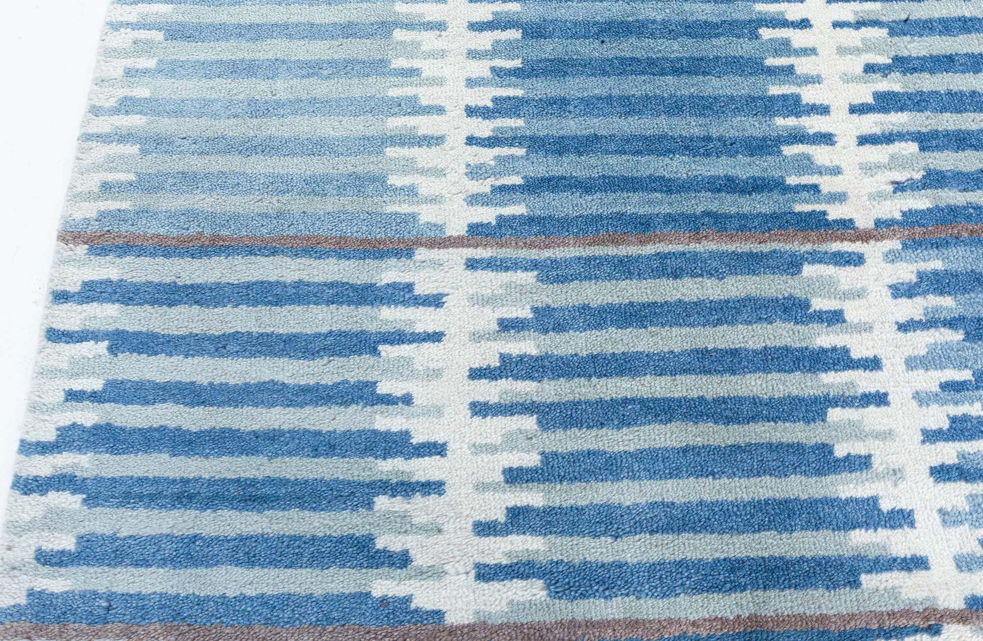 European Modern Swedish Design Blue Hand Knotted Wool Pile Rug For Sale