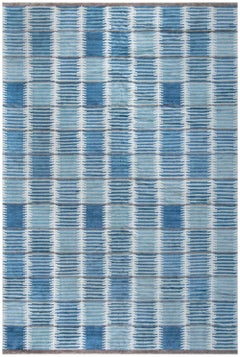 Modern Swedish Design Blue Hand Knotted Wool Pile Rug